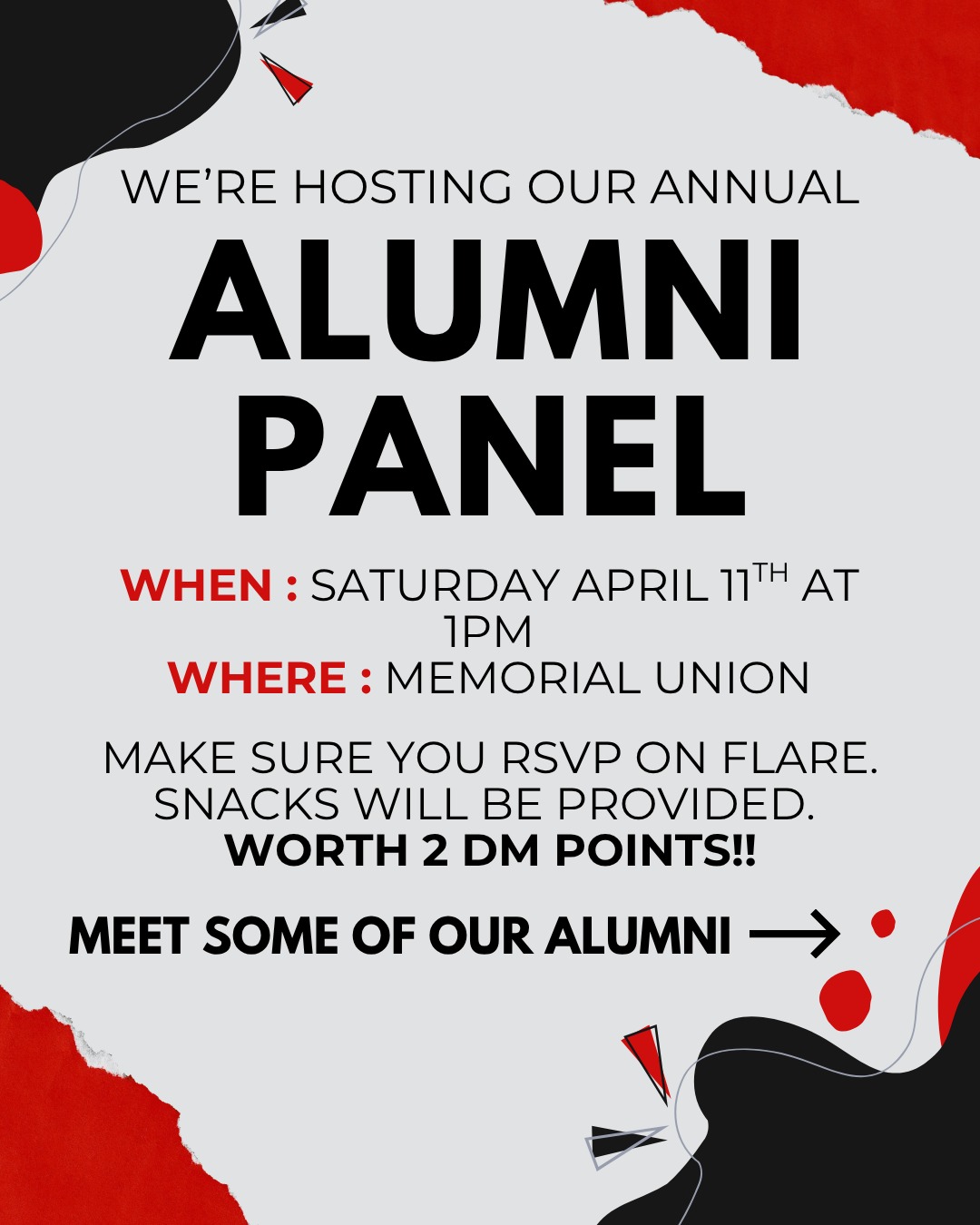 We hope to see you at our Alumni Panel on Saturday!! Reach out to a board member with any questions!