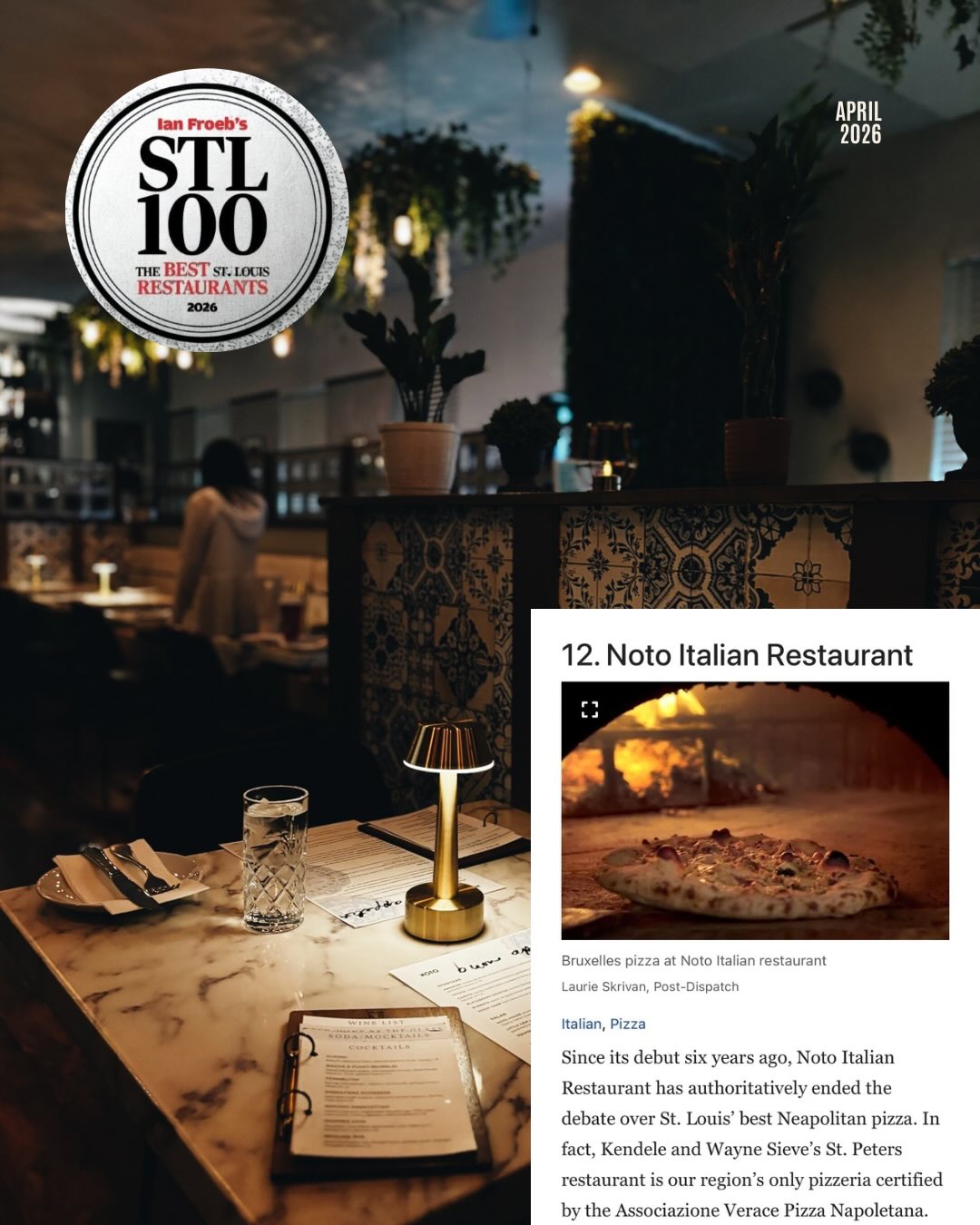 Noto honored to be included in the Top 100 once again. #12 Noto
This recognition is a direct reflection of our team’s hard work, passion, and dedication in bringing our vision to life and creating the experience we strive for every day.
And to our guests, thank you for your continued support, trust, and for being part of what makes Noto so special.
Thank You @ianfroeb and @stltoday