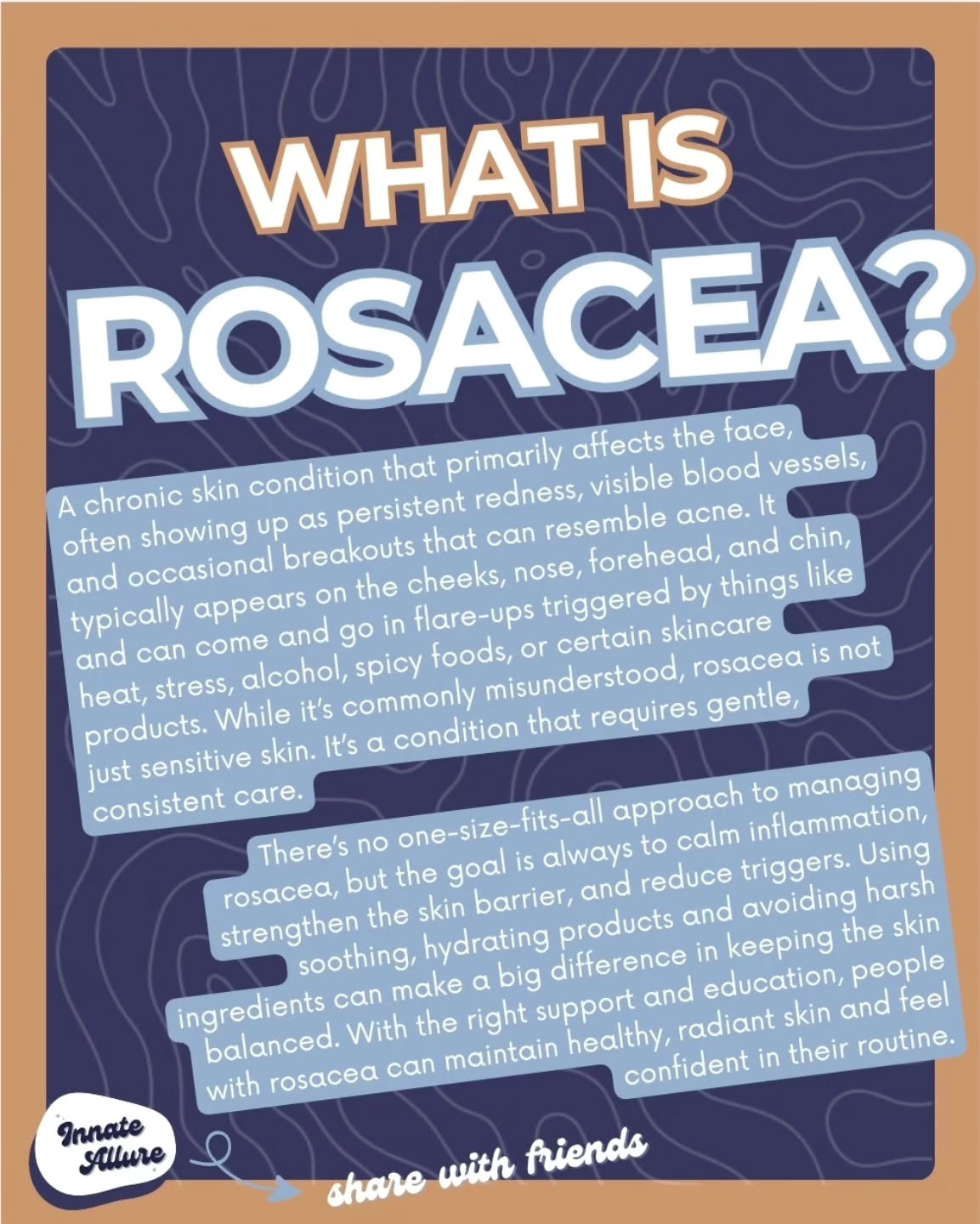 Rosacea isn’t just “sensitive skin”. It’s a chronic skin condition that shows up as persistent redness, flushing, visible blood vessels, and sometimes acne-like breakouts. It most commonly affects the cheeks, nose, chin, and forehead, and can be triggered by things like heat, stress, spicy foods, or even certain skincare products.
During Rosacea Awareness Month, it’s important to understand that rosacea is manageable with the right care, not something you have to just “deal with.” Strengthening your skin barrier, using gentle products, and getting customized treatments can make a huge difference in calming inflammation and restoring your glow. If your skin has been trying to tell you something, this is your sign to start listening 🧚♀️
#InnateAllure #ChicagoEsthetician #Rosacea #rosaceaawarenessmonth