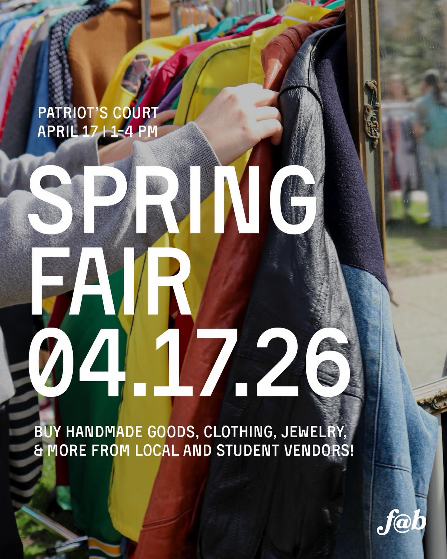 It’s that time of year! It’s time for THE spring fair! Come out to shop from students and local vendors!
📍Patriots court (behind the Sharpe Refractory)
⏰ Friday 4/17, 1-4 pm
