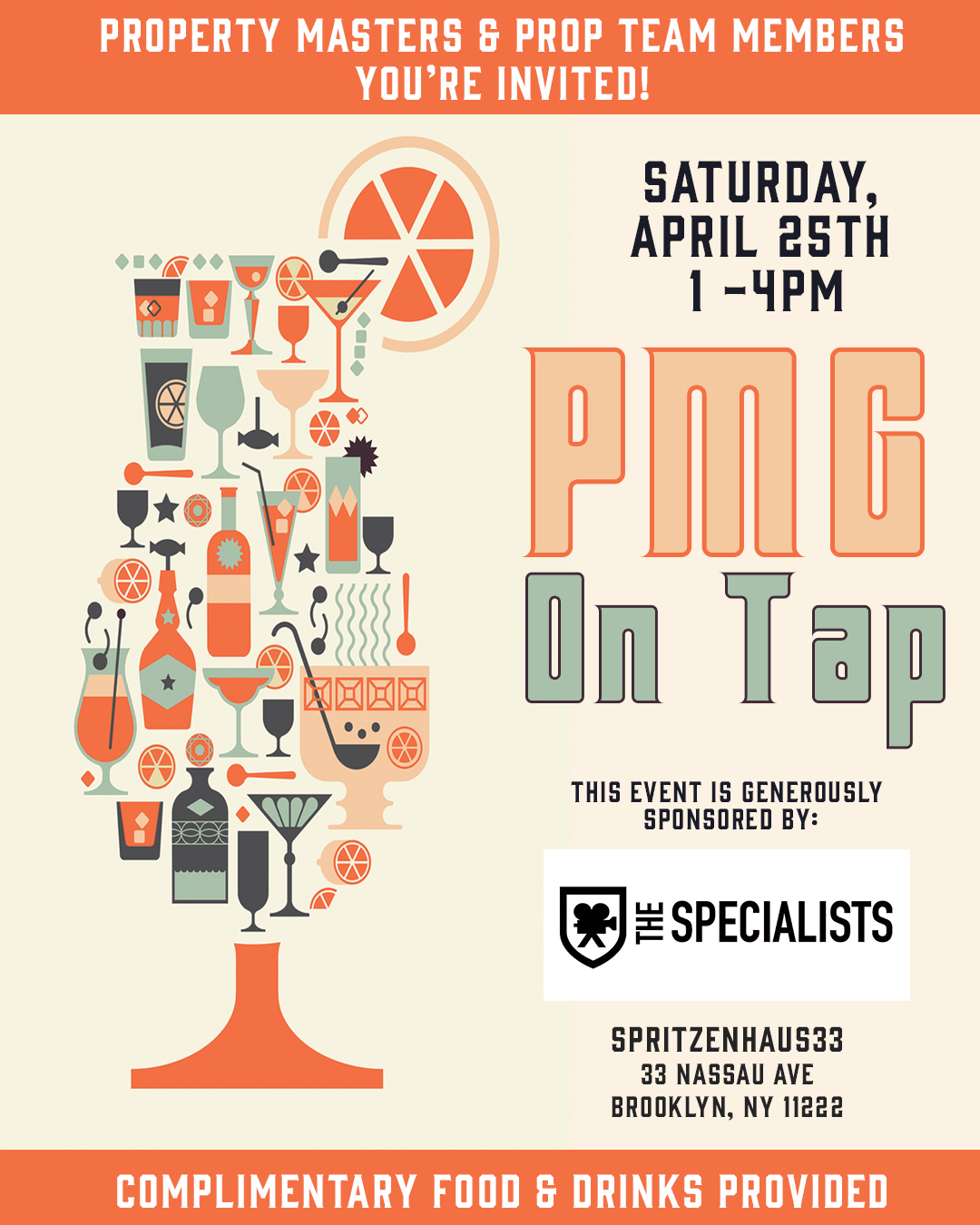 Hey New York! We've got exciting news. Our very first PMG on Tap is coming your way on Saturday, April 25th 1-4PM at Spritzenhaus33 in Brooklyn.
Thank you to our generous sponsor, The Specialists LTD, for providing food & beverages for this event.
To attend please RSVP on our website using the link in our bio under 'Events'.
#pmg #propertymastersguild #IATSElocal52 #newyorkfilmindustry #pmgontapnyc