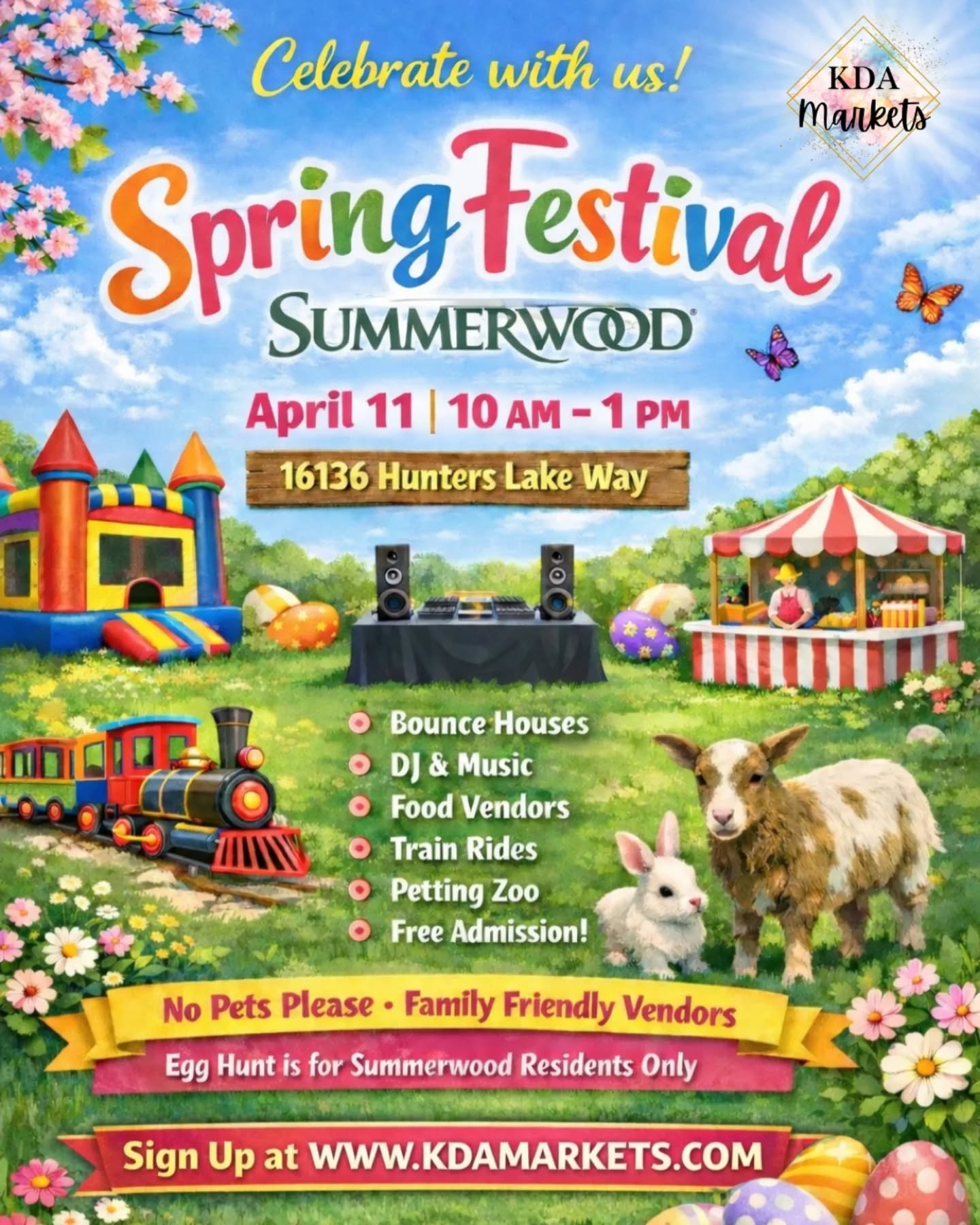 🌸✨ This Saturday — Spring Festival at Summerwood! ✨🌸
Join us for a fun-filled day with family, community, and good vibes 🌿🐣
📅 April 11
⏰ 10 AM – 1 PM
📍 16136 Hunters Lake Way
Enjoy:
🎈 Bounce Houses
🎨 Face Painting
🎶 DJ & Music
🍔 Food Vendors
🚂 Train Rides
🐐 Petting Zoo & more
🎟️ FREE Admission
🌼 Family-friendly vendors + something for everyone
🚫 No pets please
🥚 Egg hunt is for Summerwood residents only
👉 VENDORS: Sign up at www.kdamarkets.com
🚨 KDA Markets & Summerwood HOA are the only official vendor contacts
#houstonevents #thingstodoinhouston #thingstodoinatascocita #explorepage #kdamarkets