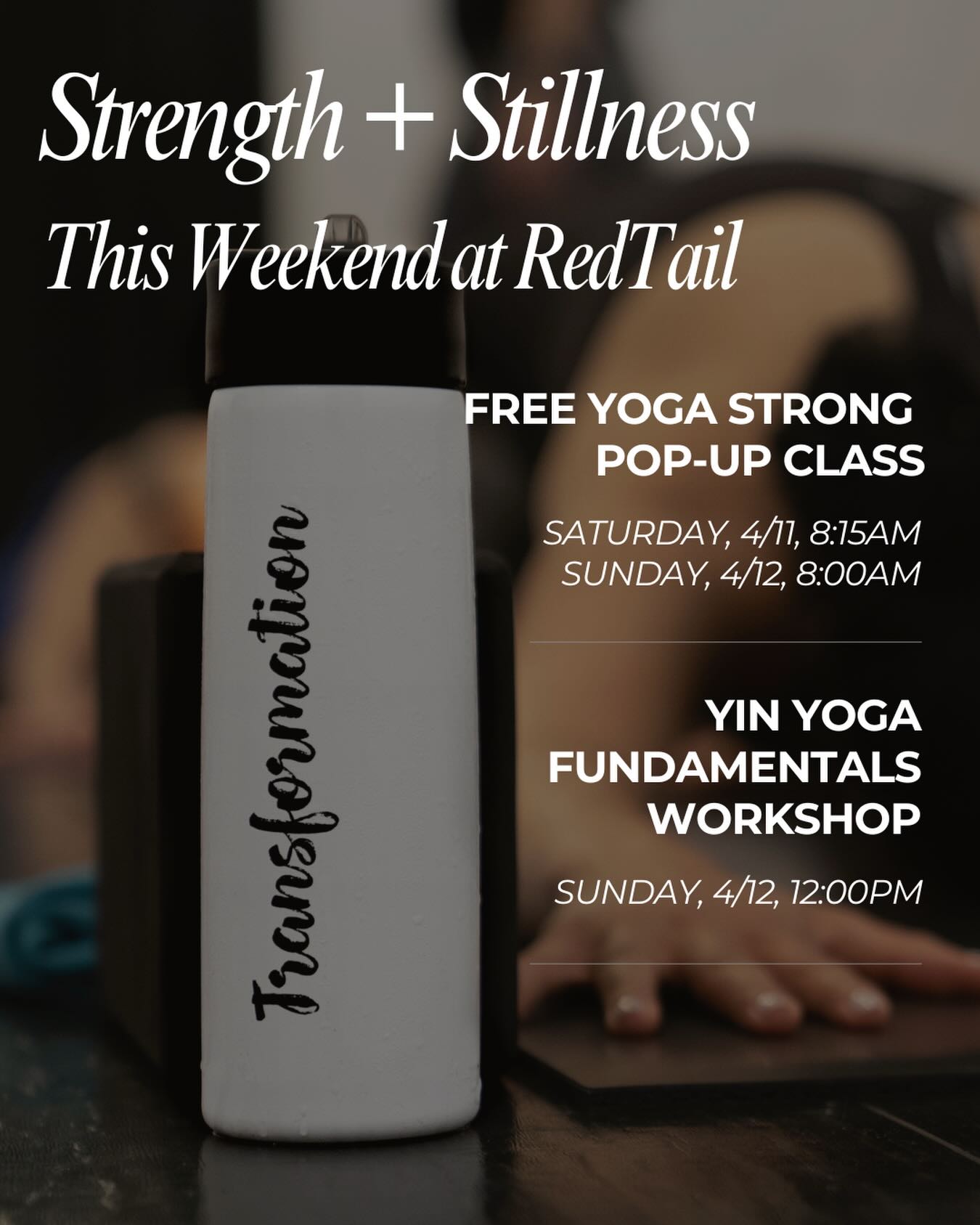 Strength + Stillness this weekend at RedTail.
Join us for two special offerings:
A free Yoga Strong Pop-Up Class to build power, stability, and tone through intentional movement and weights, and a Yin Yoga Fundamentals Workshop to explore the foundations of Yin before settling into a Spring Renewal practice.
Yoga Strong
Saturday 4/11 at 8:15am
Sunday 4/12 at 8:00am
Yin Yoga Fundamentals Workshop
Sunday 4/12 at 12:00pm
Link in bio to register.