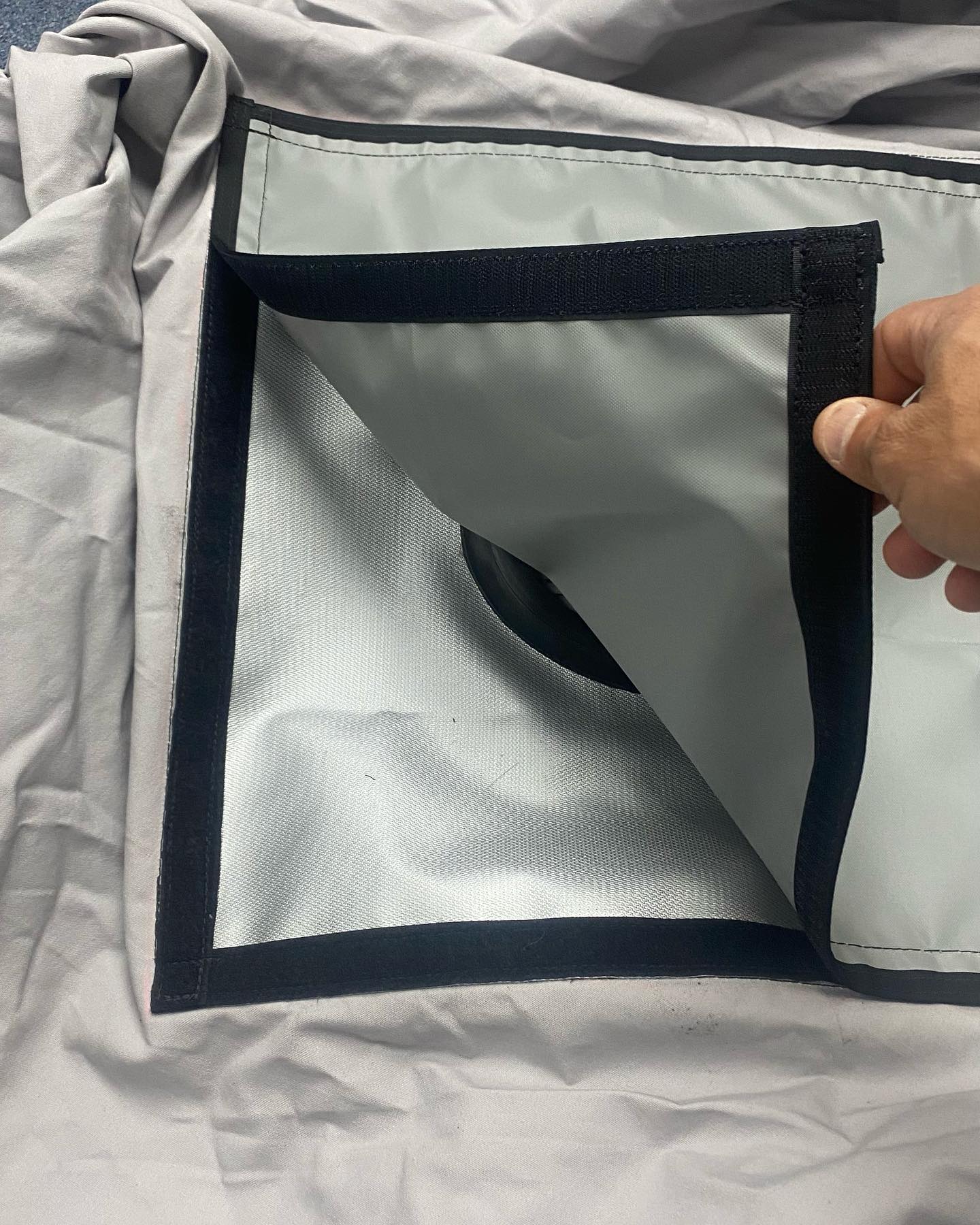 Stove Jack with removable rain flap installation on a large canvas tent. Hunting season will be here soon enough. #sanjuansewing #supportsmallbusiness #durangocolorado