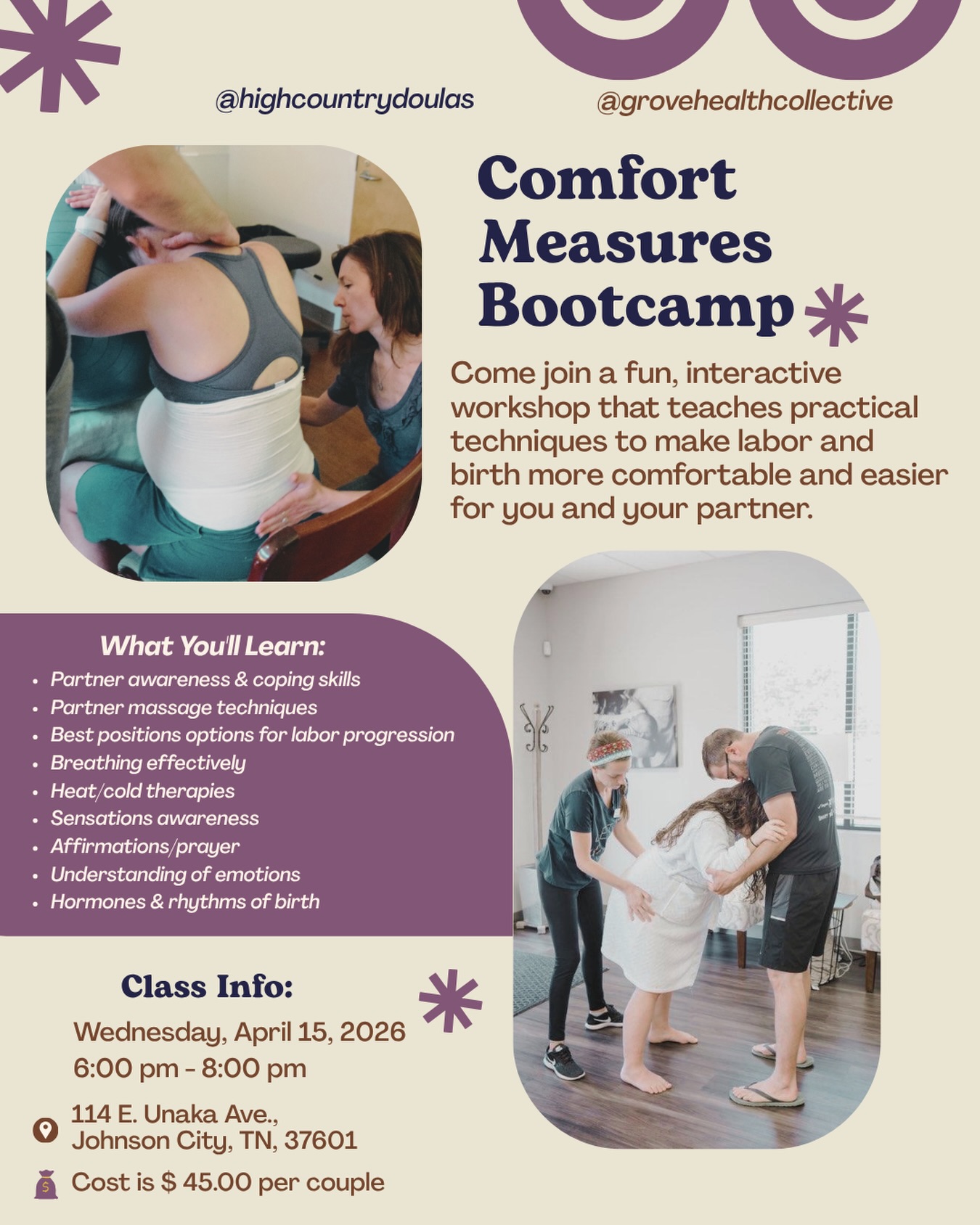 Labor prep just got a whole lot more intentional. 🤍
Our friends at @highcountrydoulas are hosting a Comfort Measures Bootcamp and it’s exactly the kind of evening every expecting couple needs before baby arrives.
📅 Wednesday, April 15
🕕 6:00 – 8:00 PM
📍 The Grove (114 E Unaka Ave, JC)
This hands-on workshop will walk you and your partner through everything from massage techniques and breathing to labor positions, heat/cold therapies, affirmations, and understanding the hormones and emotions of birth. Real skills. Real connection. Real confidence going into your birth experience.
$45 per couple | Link in bio to register and pay.
Tag a mama who needs this.👇