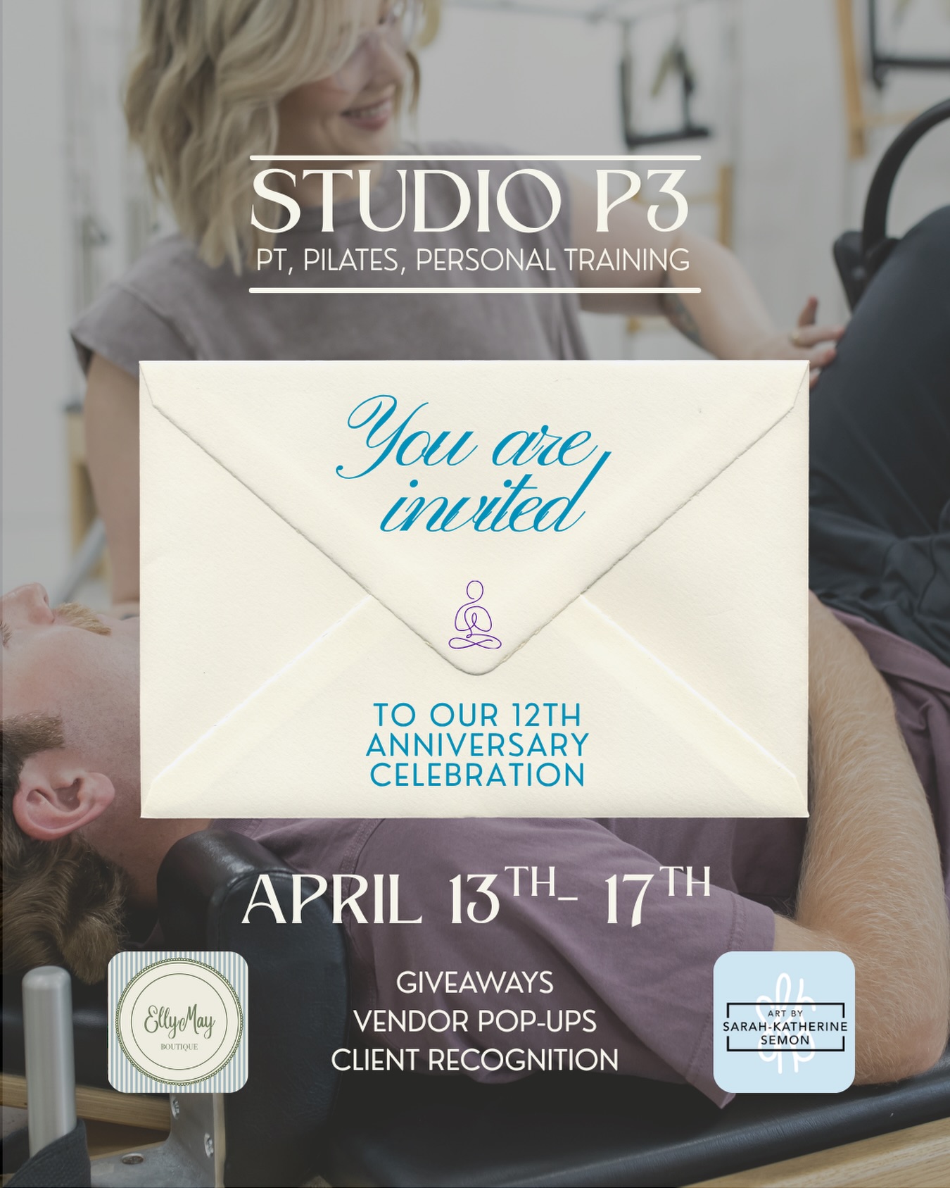 Next week, we’re celebrating 12 years of achieving wellness through movement- and you’re invited to be part of it. Join us all week for exciting giveaways, client spotlights, and special vendor pop-ups.
We’re thrilled to welcome Art by Sarah Katherine Seamon (@artbysarahkatherinesemon ) to the studio on Tuesday and Elly May Boutique (@shopellymay) on Thursday.
So stop by, take a Pilates class, and shop your way through the studio as we celebrate over a decade of excellence in movement and therapy.
