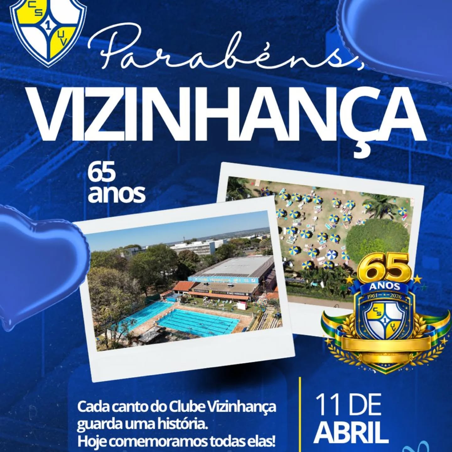 Mais que um clube… um legado de convivência, esporte e história! 🏆
Inspirado pelo visionário Lúcio Costa, o Clube de Unidade de Vizinhança nasceu com um propósito claro: criar um espaço onde comunidade, lazer e qualidade de vida se encontrassem.
Inaugurado em 11 de abril de 1961, antes mesmo de Brasília completar seu primeiro ano, o clube se tornou rapidamente um ponto de referência — não só pelos momentos de confraternização, mas também por formar grandes atletas e histórias inesquecíveis.
Pensado como um ambiente completo, o Vizinhança sempre foi muito mais do que lazer: é cultura, esporte, amizade e desenvolvimento social. Um espaço onde famílias crescem, talentos são revelados e laços são fortalecidos.
Ao longo dos anos, evoluiu, se reinventou e abriu suas portas para mais pessoas, mantendo viva sua essência: promover bem-estar, união e um convívio saudável.
Hoje, continua sendo um lugar onde tradição e modernidade caminham juntas — com estrutura completa para esporte, lazer e momentos especiais.
Inaugurado em 11 de abril 1961