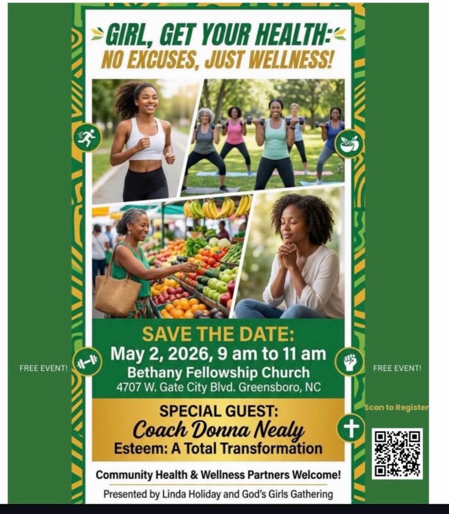 Ladies… it’s time to prioritize your health.
Too often we put everyone else first—family, work, responsibilities—and our own wellness ends up at the bottom of the list. But the truth is, when you take care of your health, you show up stronger for every area of your life.
I’m honored to join this powerful event and share how you can begin transforming your health physically, mentally, and emotionally.
Wellness isn’t about perfection.
It’s about commitment, consistency, and making the decision that your health matters.
If you’ve been waiting for the right moment to start your journey… this is it.
📍 May 2, 2026
⏰ 9:00 AM – 11:00 AM
📍 Bethany Fellowship Church
4707 W. Gate City Blvd., Greensboro, NC
Come join us for a morning of empowerment, movement, education, and transformation.
No excuses.
Just wellness.
— Coach DonnaKaye
Esteem: A Total Transformation