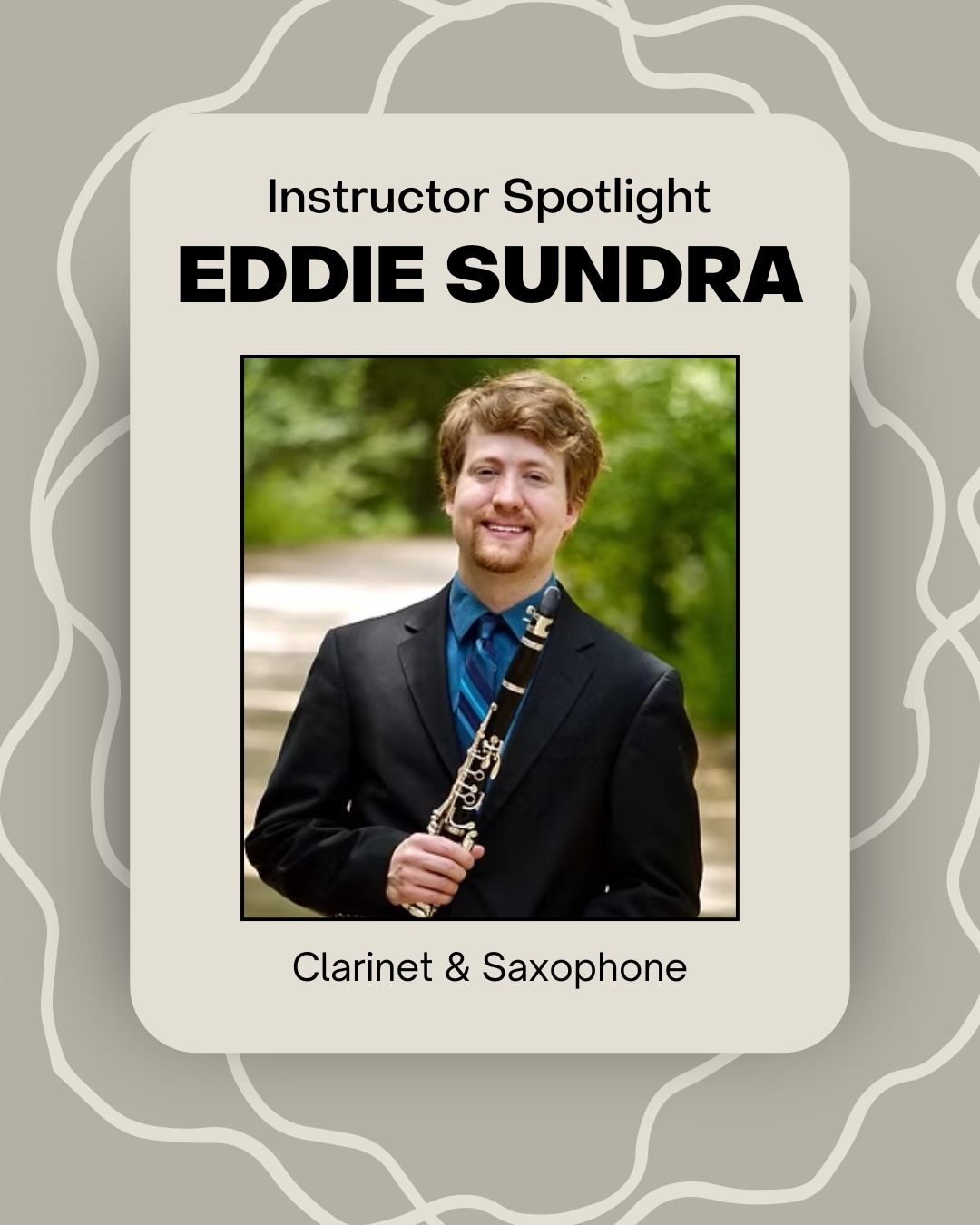 Instructor Spotlight✨
Clarinetist and saxophonist Eddie Sundra currently plays with the Richmond Symphony Orchestra as Associate Principal Clarinet, and performs extensively in the Central Virginia area. Eddie received his BM performance degree from Penn State University and his Masters from the University of Michigan, where he also studied composition and music production.
As an instructor, Eddie has maintained studios in State College, PA and Ann Arbor, MI. Eddie has presented masterclasses at Central Michigan University and Penn State University, and has worked with underserved students in the Aspen, CO community, as part of the Passes and Lessons Program (P.A.L.S.). He has also worked with high school band programs in Richmond, VA and Ann Arbor, MI as a sectional instructor, and has presented classes to students at Virginia Commonwealth University on recital recording techniques.
Eddie has an extensive performance background, having been a member of the Hartford Symphony Orchestra and Lima Symphony in Ohio. He has made guest appearances with the Philadelphia Orchestra, Sarasota Symphony Orchestra, and others. Festival appearances include the Colorado Music Festival, Aspen Music Festival, and Thy Chamber Music Festival in Aalborg, Denmark.
Eddie’s hope as a teacher is to offer a solid foundation of fundamentals and understanding of music making–from solo to ensemble playing, while cultivating a life-long passion for music. Eddie utilizes a series of warm up techniques and materials that he has collected from former teachers, as well as exercises he has personally written. Eddie believes that with the right desire and work ethic, students can be successful in achieving their goals while cultivating a love and appreciation for music past, present, and future.
To learn more about Eddie, check out eddiesundra.com. His compositions are also available at potenzamusic.com.