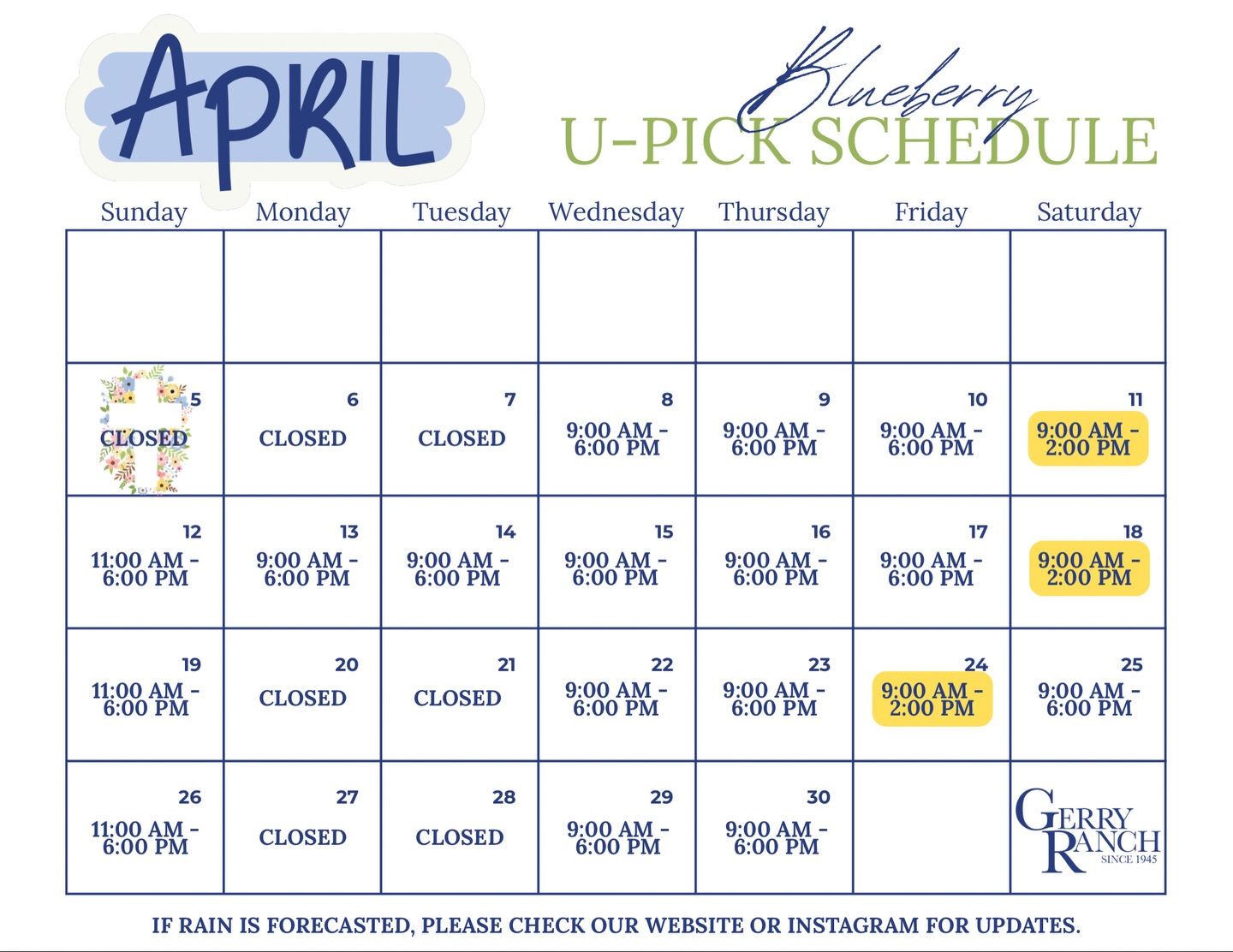 APRIL U-PICK SCHEDULE 🫐
Before you message us… please read this.
Our hours are:
• posted here
• pinned at the top of our page
• updated on Google
• on our website
• on our Facebook
If it’s not listed as open, we are closed.
We are out in the fields, helping guests, running weddings, and running the farm — we can’t keep answering the same “are you open?” messages all day.
And just a heads up — we’re not answering phone calls for hours either. Everything is kept up to date online in real time.
We promise we’re not hiding the info… it’s everywhere 😅
Check here first, then come pick some blueberries with us 💙
#gerryranchberries #venturacounty #upickfarm #camarillo #thingstodoventuracounty