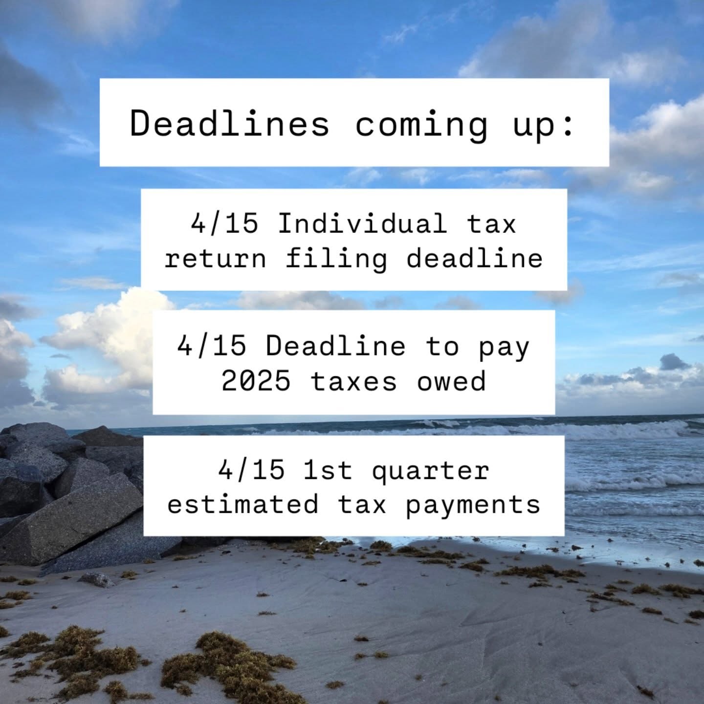 Everyone's favorite time of year is almost here 😅
How lovely that these deadlines all fall on the same day...
We are prioritizing filing extensions for 2025 tax returns for all clients who we're still working on and for those we're waiting on documents from.
Have a beautiful rest of your weekend!