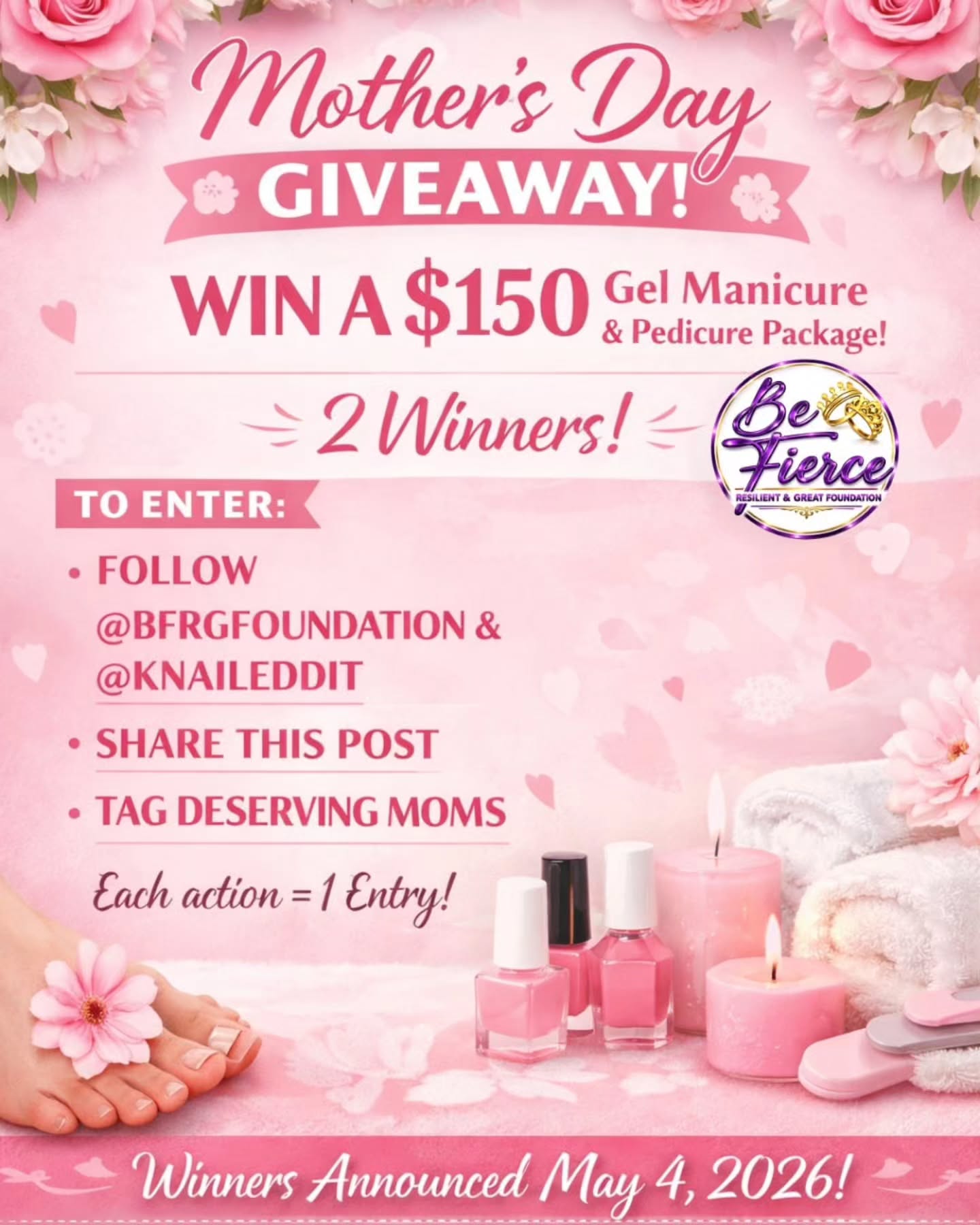 💕 MOTHER’S DAY GIVEAWAY FOR 2 DESERVING MOMS 💕
This Mother’s Day, BFRG Foundation has partnered with @knaileddit to bless 2 amazing moms with a $150 Gel Manicure & Pedicure Package 💅🏽💖
How to enter:
✨ Follow @bfrgfoundation + @knaileddit
✨ Share this post
✨ Tag deserving moms in the comments
✨ Each action = 1 entry
🎉 2 winners will be announced on May 4, 2026
No donation is required to enter or win.
If you would like to support our mission of strengthening families and empowering communities, optional donations are appreciated and can be sent via:
💖 Cash App: $BFRGFoundation
💖 PayPal
💖 Square
Every donation helps us continue serving families, youth, and community programs through BFRG Foundation.
#BFRGFoundation #MothersDayGiveaway #SupportMoms #CommunityLove #Giveback