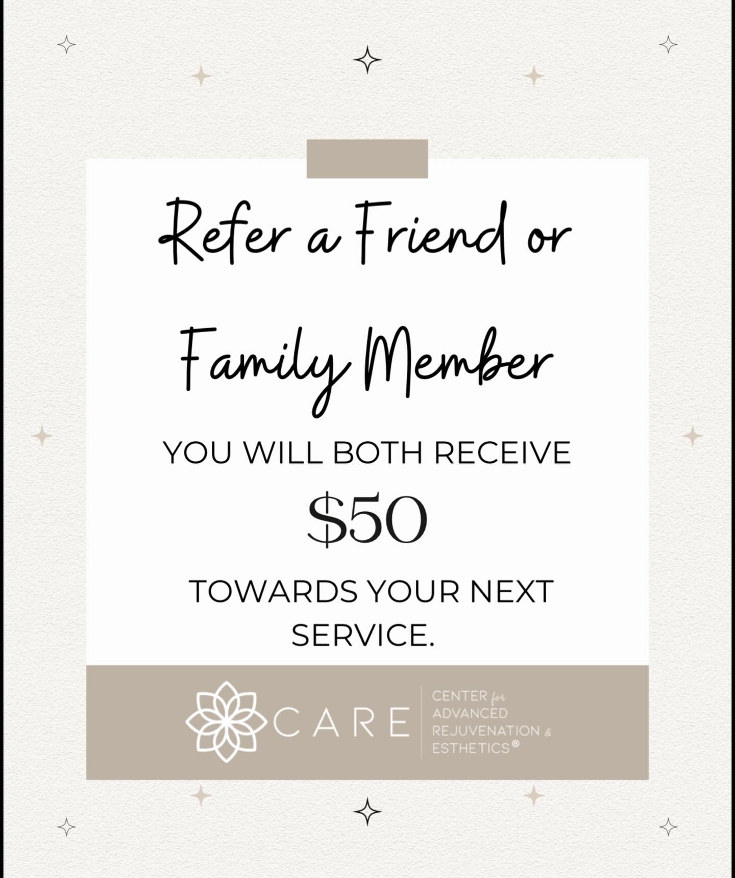 Refer a friend or family member, and you will both receive $50 off of any service (Botox, Facial, etc.) here at Elkhart Esthetics 😊