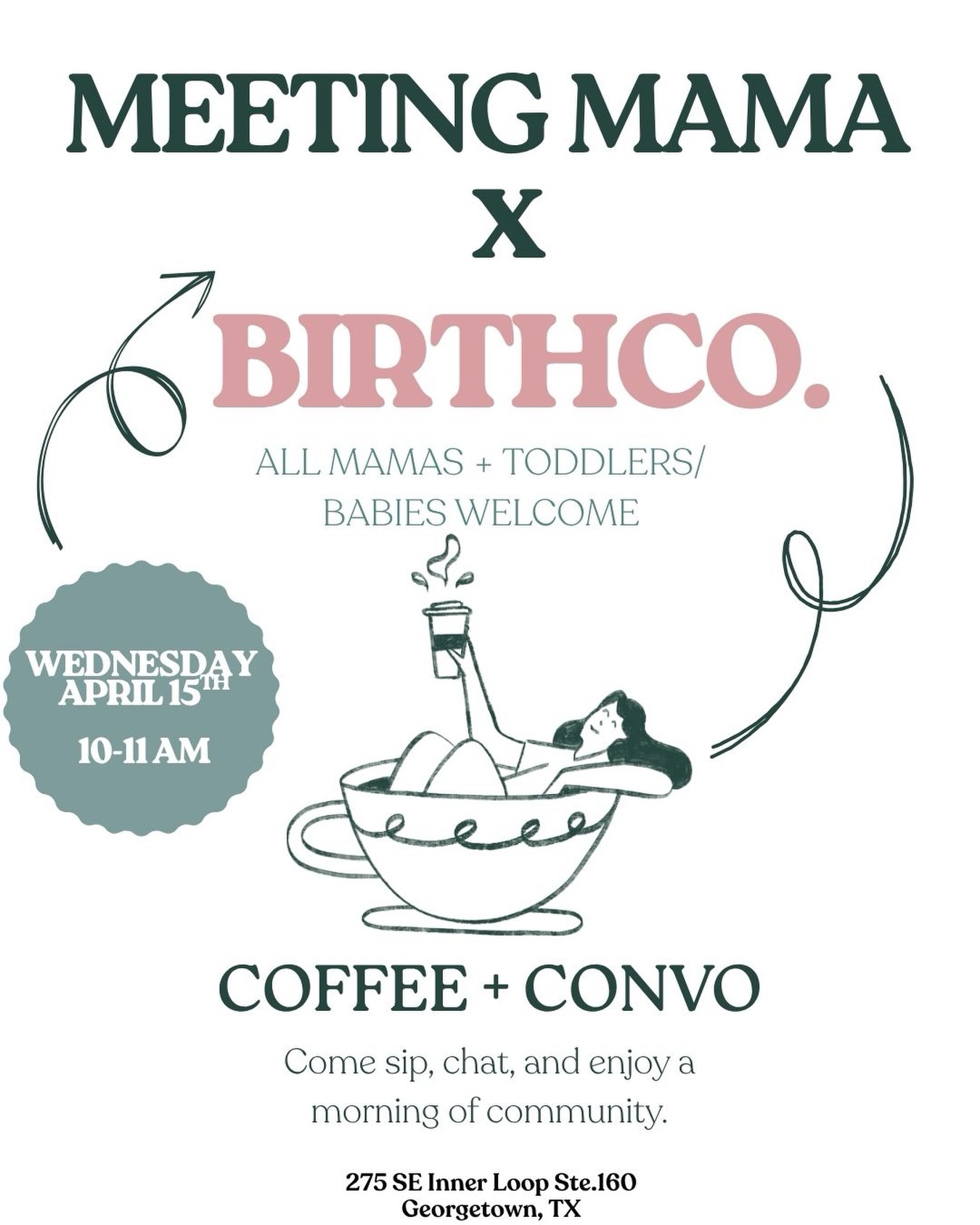 Mom brain is alive and well because if you saw the post yesterday… well coffee was missing one of its letters ☕️🫠
📍 @birthco.chiro Georgetown
🗓️ Wednesday, April 15th
⏰ 10-11 am
Come hang with us for a quiet morning while the littles play 💛 Comment TRIAL to join @meetingmamagtx and get the full calendar of events for April!