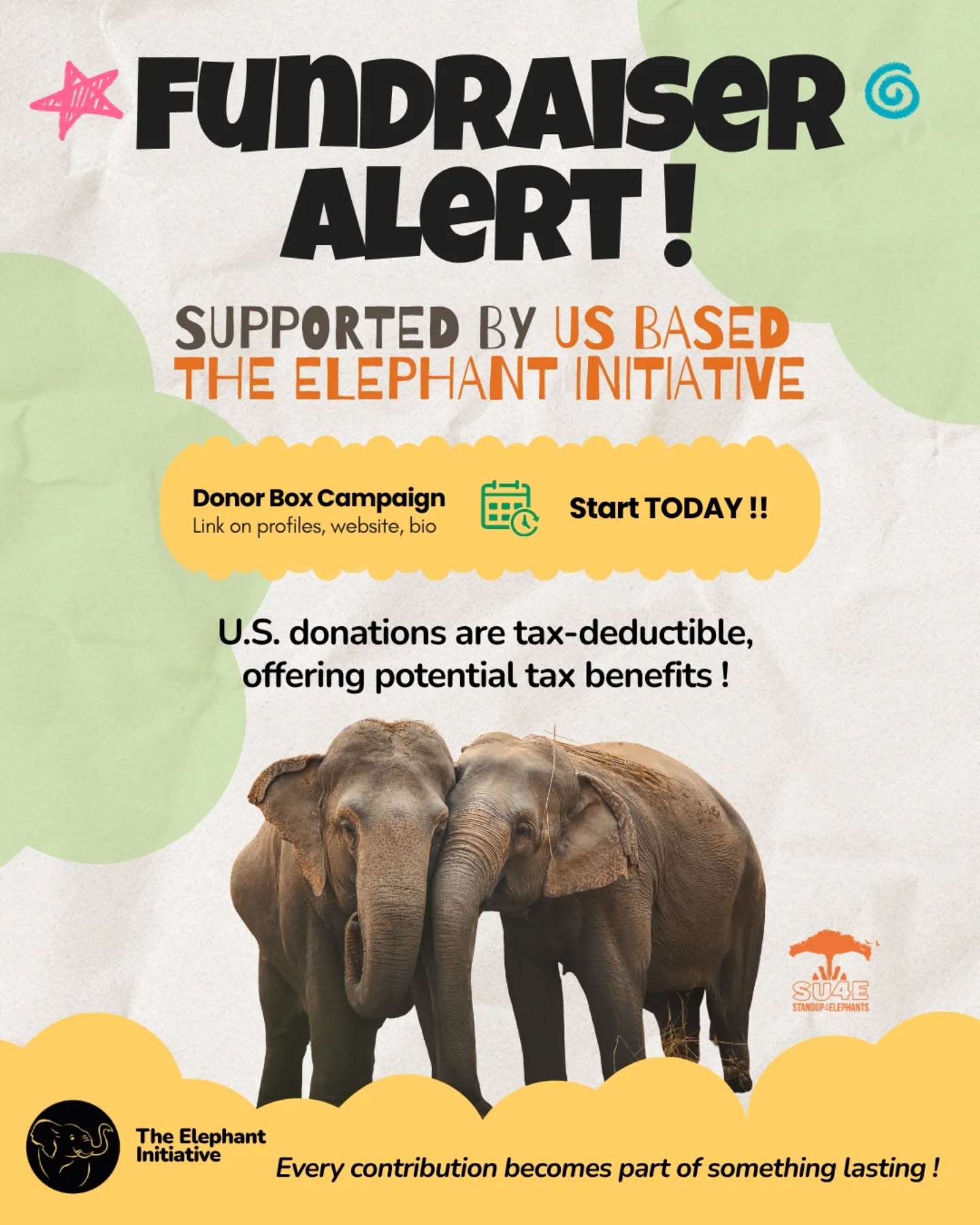 🇬🇧🚨 Special Fundraiser Launch – Starting Today! 🐘
We are excited to announce a new fundraising campaign in collaboration with Elephant Initiative, a US-based nonprofit organization dedicated to improving the life of elephants.
This special campaign is tax-deductible for donors in the United States, making it a wonderful opportunity to support elephant conservation while receiving a tax benefit.
🎯 Our goal: $3,000 USD
Every contribution—big or small—directly supports our work to build a safer, kinder future for elephants.
👉 Click the link in our profile bio
👉 Visit our website to learn more
👉 Share the campaign to help us reach our goal
Together, we can make a real difference. Thank you for being part of this journey. 💛🐘
🇫🇷🚨 Lancement d’une collecte spéciale – Dès aujourd’hui ! 🐘
Nous sommes ravis d’annoncer une nouvelle campagne de collecte de fonds en collaboration avec Elephant Initiative, une organisation à but non lucratif basée aux États-Unis dédiée à l’amélioration des conditions de vie des éléphants.
Cette campagne est déductible des impôts pour les donateurs américains, une belle opportunité de soutenir la protection des éléphants tout en bénéficiant d’un avantage fiscal.
🎯 Notre objectif : 3 000 USD
Chaque contribution, petite ou grande, soutient directement notre travail pour construire un avenir plus sûr et plus respectueux pour les éléphants.
👉 Cliquez sur le lien dans notre bio
👉 Visitez notre site internet pour en savoir plus
👉 Partagez la campagne pour nous aider à atteindre notre objectif
Ensemble, nous pouvons faire une vraie différence. Merci pour votre soutien 💛🐘