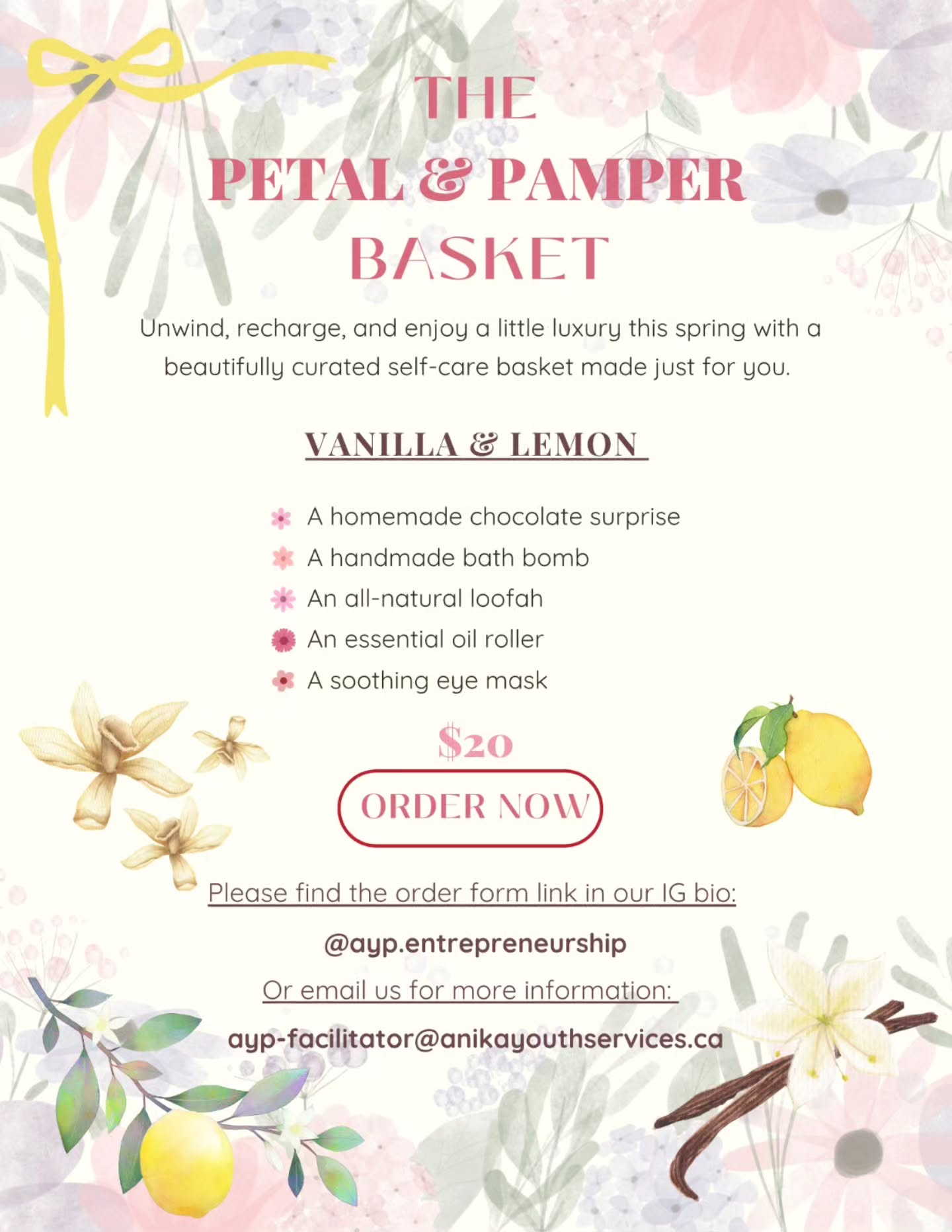๐ธ๐ผ Spring Self-Care ๐ผ๐ธ
Unwind, recharge, & enjoy a little luxury this spring with our beautifully curated self-care baskets ~ thoughtfuly designed, created, and assembled by Anika youth entrepreneurs๐ค
Each decorative basket includes :
๐ธ a homemade chocolate surprise
๐ธ a handmade bath bomb
๐ธ an all-natural loofah
๐ธ an essential oil roller
๐ธ a soothing eye mask
๐ Vanilla & Lemon
Building real-world skills & crafting their designs with purpose & passion, our youth are looking forward to fulfilling your orders & thank you kindly for your support ๐ฉท
๐ธ๐ผ Orders open now; find the link in the bio @ayp.entrepreneurship & below ๐ผ๐ธ
โก Order Deadline: April 27 โก
โก Order Pick-Up: May 4 - May 8 โก
๐น Order Form: https://forms.gle/4amDGiDK9ck3iUAh7