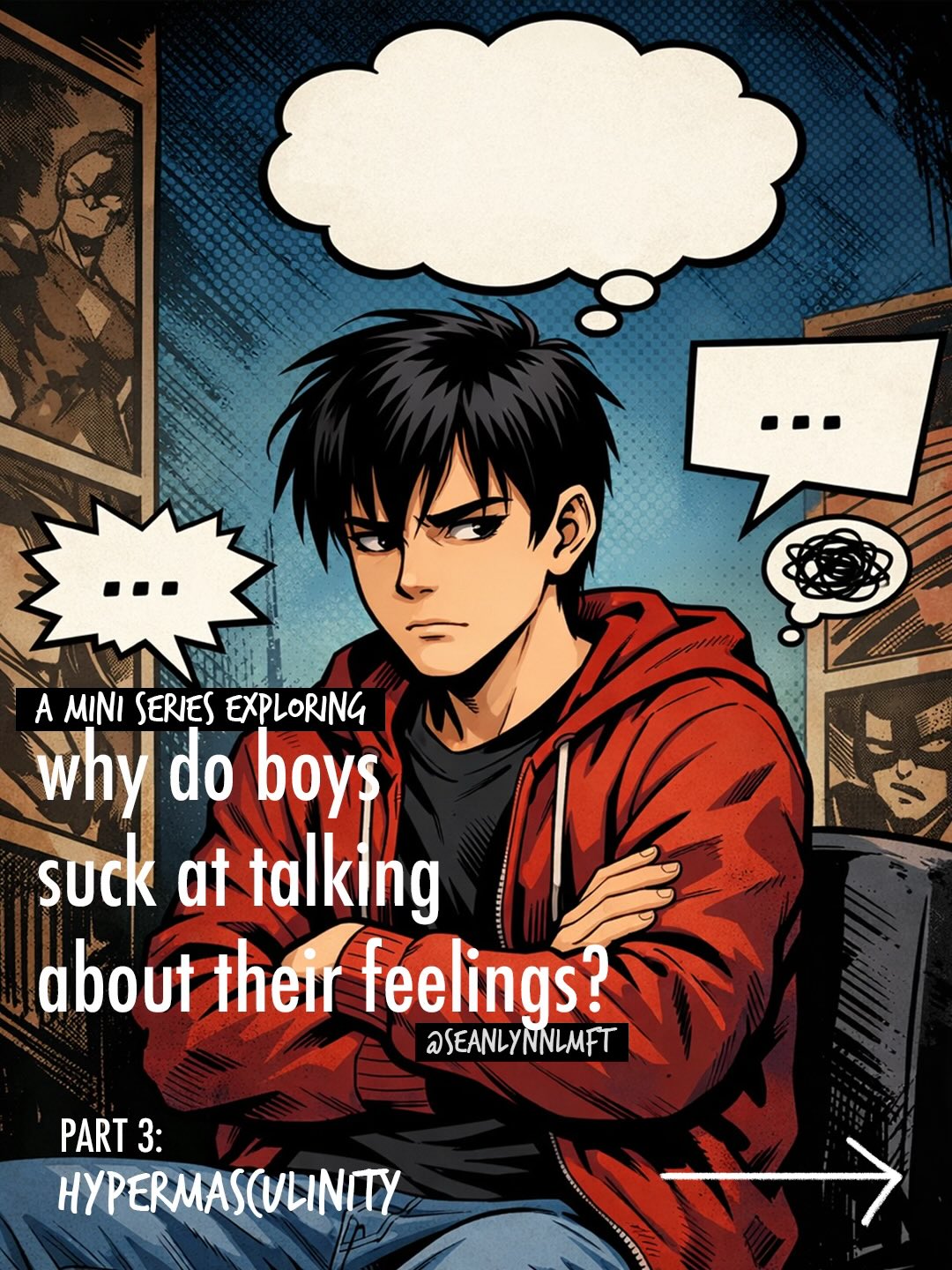 A question I hear all the time is: “Why do boys suck at talking about their feelings?”
Part 3 in this mini series addresses the impact of hypermasculinity (the over exaggeration of masculine stereotypes) on boys talking about their feelings.
When I was younger, I certainly felt the pressure to want to fit in with other boys in middle school. It felt like I had to change my values and morals to interact and hang out with my peers.
Disclaimer: the information shared here is for educational purposes only and is not therapy, mental health treatment, or individualized advice. This content does not establish a therapist-client relationship
Content shared by Sean Lynn Therapy is original and created for this page and website
#teentherapy #teenmentalhealth #parenting #parentingteens #teenagers