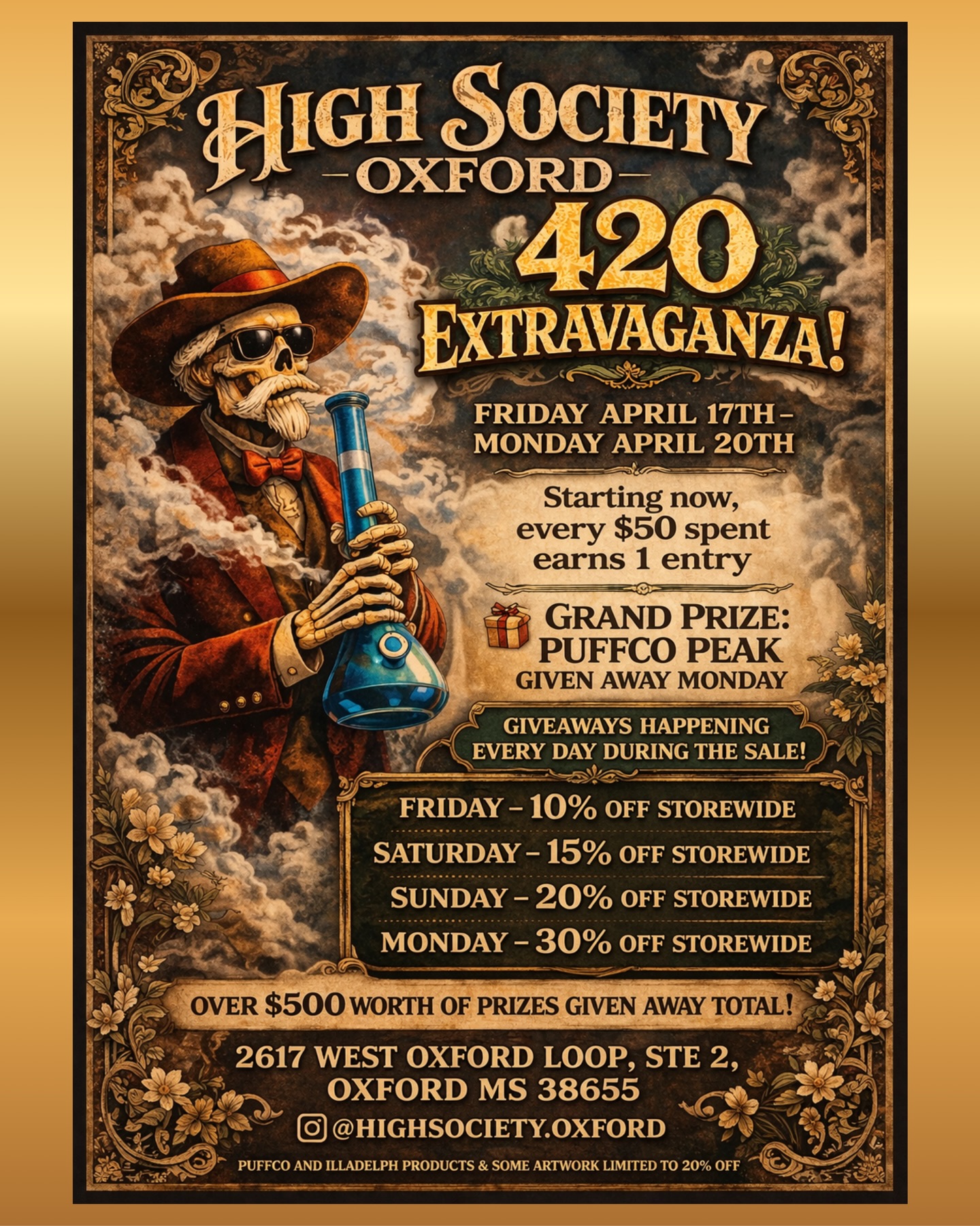You’re invited.
High Society Oxford presents a 4/20 weekend of curated pieces, daily giveaways, and rare opportunities to save on your collection.
Every $50 spent earns an entry.
A Puffco Peak will be awarded Monday.
April 17–20
2617 W Oxford Loop, STE 2
Oxford, Mississippi 38655
🔥
#oxfordms #olemiss #shopsmall #heady #420
