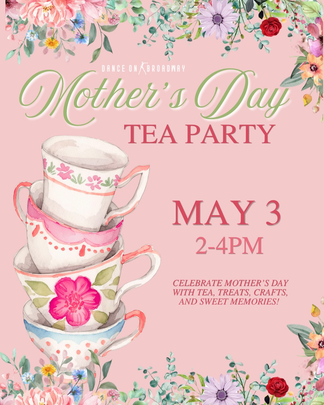 Dearest Gentle Mamas and Little Loves,
You are cordially invited to an afternoon of charm and delight at our Mother’s Day Tea Party on May 3rd from 2–4 PM.
Join us for sweet treats, delicate tea, bouquet making, friendship bracelets, cookie decorating, and the most lovely of all—making treasured memories together. 💐🫖✨
Reserve your place for this enchanting gathering before the invitation list fills.
$50 per dancer + guardian | $20 additional guest
With love, lace, and a touch of spring magic… we simply cannot wait to celebrate with you. 💕
#MothersDayTeaParty #DanceOnBroadway #BridgertonVibes #TeaPartyMagic #MomAndMe