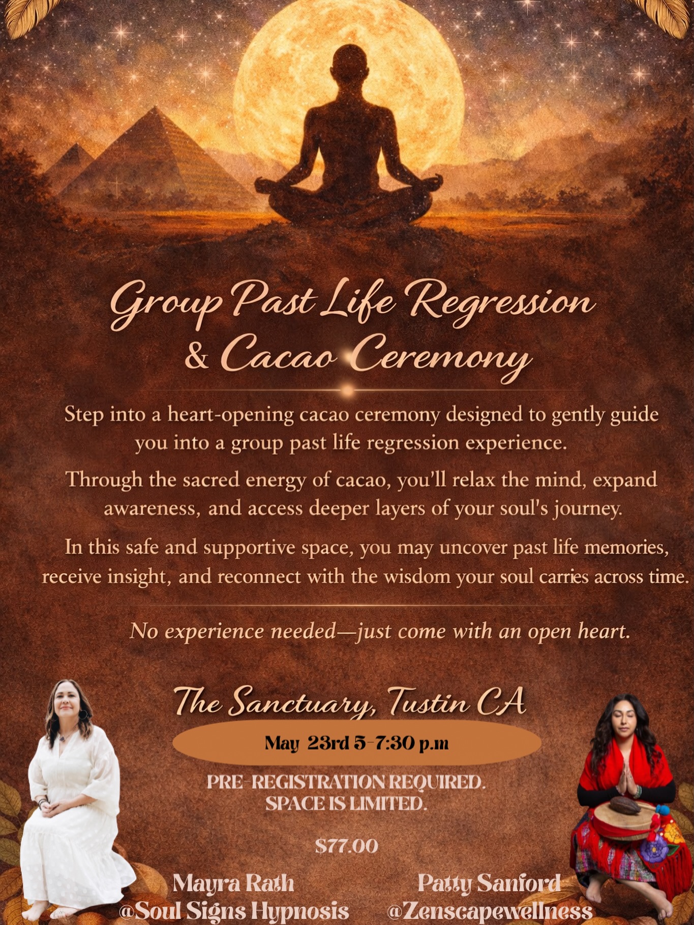 Combining a heart-opening cacao ceremony with group past life regression creates such a beautiful and potent experience. Cacao gently quiets the mind and opens the heart, allowing you to drop deeper into your inner world with more ease, trust, and clarity.
What I’ve found is that when the heart is open, the journey becomes richer… and more connected. You’re not just seeing a past life, you’re feeling it and receiving the wisdom your soul is ready to share.
This is such a sacred space to explore your soul’s journey, release what’s ready to go, and reconnect with who you truly are across lifetimes.TICKETS ARE LINKED IN BIO!
I can’t wait to hold this experience 🤍 with my good friend @zenscapewellness