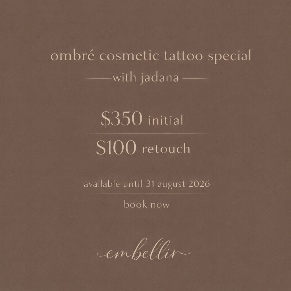 You won’t want to miss this special ✨
Ombré cosmetic tattoo brows with Jadana
$350 for your first appointment
$100 for your 6 week retouch
That’s an incredible saving of $115 off our standard treatment price.
This special is available for clients with no previous brow tattoo work and is the perfect opportunity to refresh your look with beautifully soft, defined brows.
Book online now to secure your appointment.
Valid until end of August 2026!