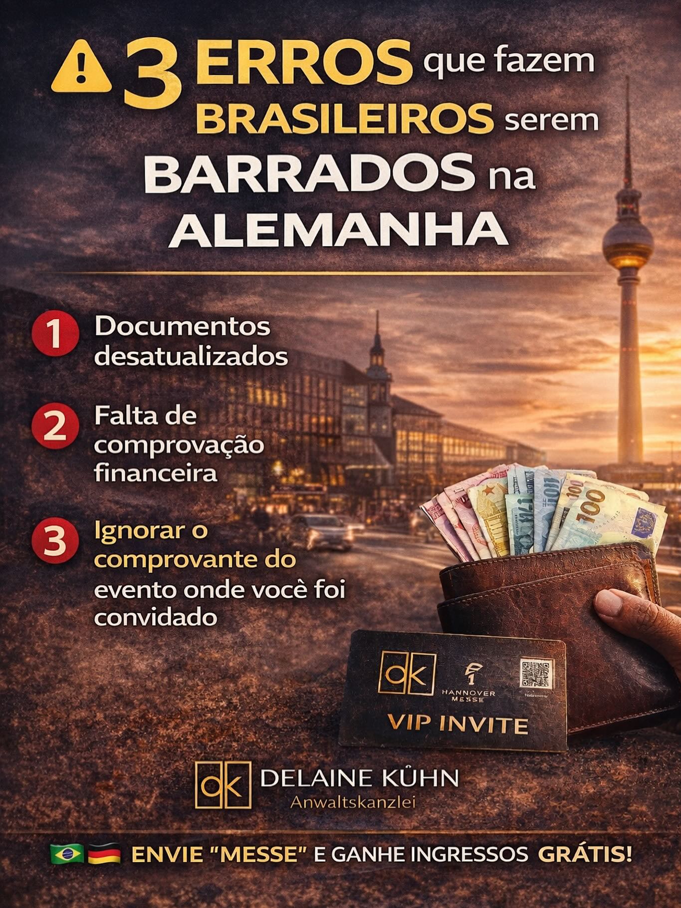 🇧🇷
🚨 Você pode ser barrado na Alemanha — mesmo sem precisar de visto.
Esses são os 3 erros mais comuns:
• Não comprovar o motivo da viagem
• Não provar meios financeiros suficientes
• Falta de documentos (hotel, convite ou evento)
👉🏾 A decisão final é sempre da imigração na chegada.
Se você vem para a Hannover Messe, atenção:
leve o comprovante do evento.
🎟️ Quer ingresso gratuito para a Hannover Messe?
Me chama com “MESSE” no direct.
📍 Halle 12, Stand E 03/2
🇩🇪
🚨 Du kannst in Deutschland abgewiesen werden — auch ohne Visum.
Das sind die 3 häufigsten Fehler:
• Reisezweck nicht nachweisen
• Keine ausreichenden finanziellen Mittel belegen
• Fehlende Unterlagen (Hotel, Einladung oder Event)
👉🏾 Die endgültige Entscheidung trifft immer die Grenzpolizei bei der Einreise.
Wenn du zur Hannover Messe kommst, pass auf:
Nimm deinen Nachweis für das Event mit.
🎟️ Willst du ein kostenloses Ticket für die Hannover Messe?
Schreib mir “MESSE” im Direct.
📍 Halle 12, Stand E 03/2
🇺🇸
🚨 You can be denied entry to Germany — even without needing a visa.
These are the 3 most common mistakes:
• Not proving the purpose of your trip
• Not showing sufficient financial means
• Missing documents (hotel, invitation or event)
👉🏾 The final decision is always made by immigration at the border.
If you’re coming to Hannover Messe, be careful:
bring proof of your event.
🎟️ Want a free ticket to Hannover Messe?
Message me “MESSE” in the DM.
📍 Hall 12, Stand E 03/2
#Alemanha #Imigração #Germany #DireitoMigratório #hannovermesse