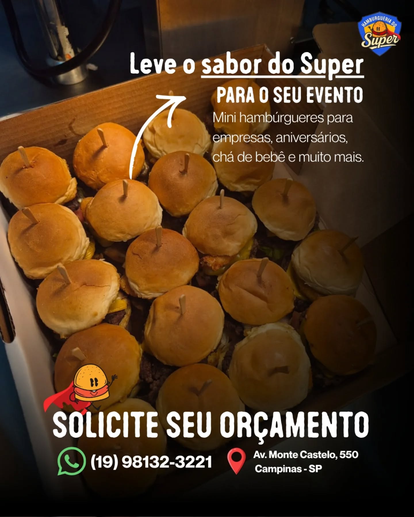 MINI. MAS GIGANTE NO SABOR!
Toda a qualidade da nossa hamburgueria em formato mini.
Agora você pode levar o nosso sabor inconfundível para o seu evento! Nossas caixas de Mini Burgers e porções caprichadas de Batata Frita são a solução ideal para:
🗓️ Confraternizações de fim de ano.
🎂 Aniversários e Chás de Bebê.
💼 Eventos da sua empresa.
A melhor parte é que você não precisa se preocupar com nada, apenas em nos enviar uma mensagem!
Orçamentos com a gente é RÁPIDO e FÁCIL!
📲 WhatsApp: (19) 98132-3221
#HamburgueriaParaEventos #MiniHambúrguer #Fritas #EventosSP #FestaPratica campinas festa confraternização