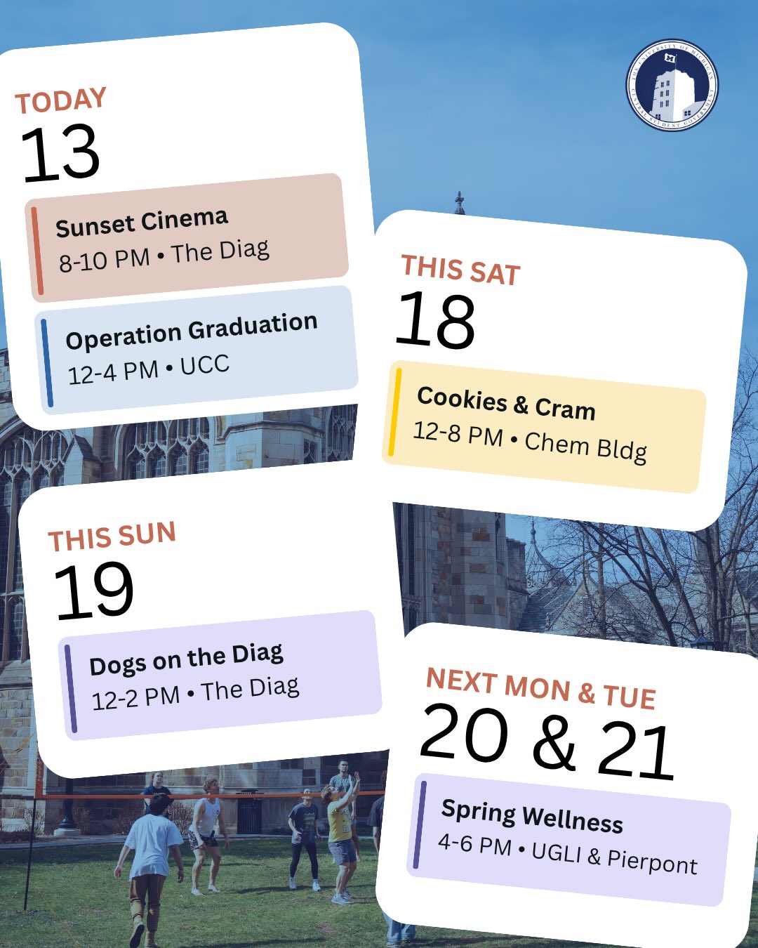 Need a break from studying? Check out CSG’s events happening this week! Correction: Spring Wellness is happening on Monday 4/20 at Pierpont and Tuesday 4/21 at the UGLi!