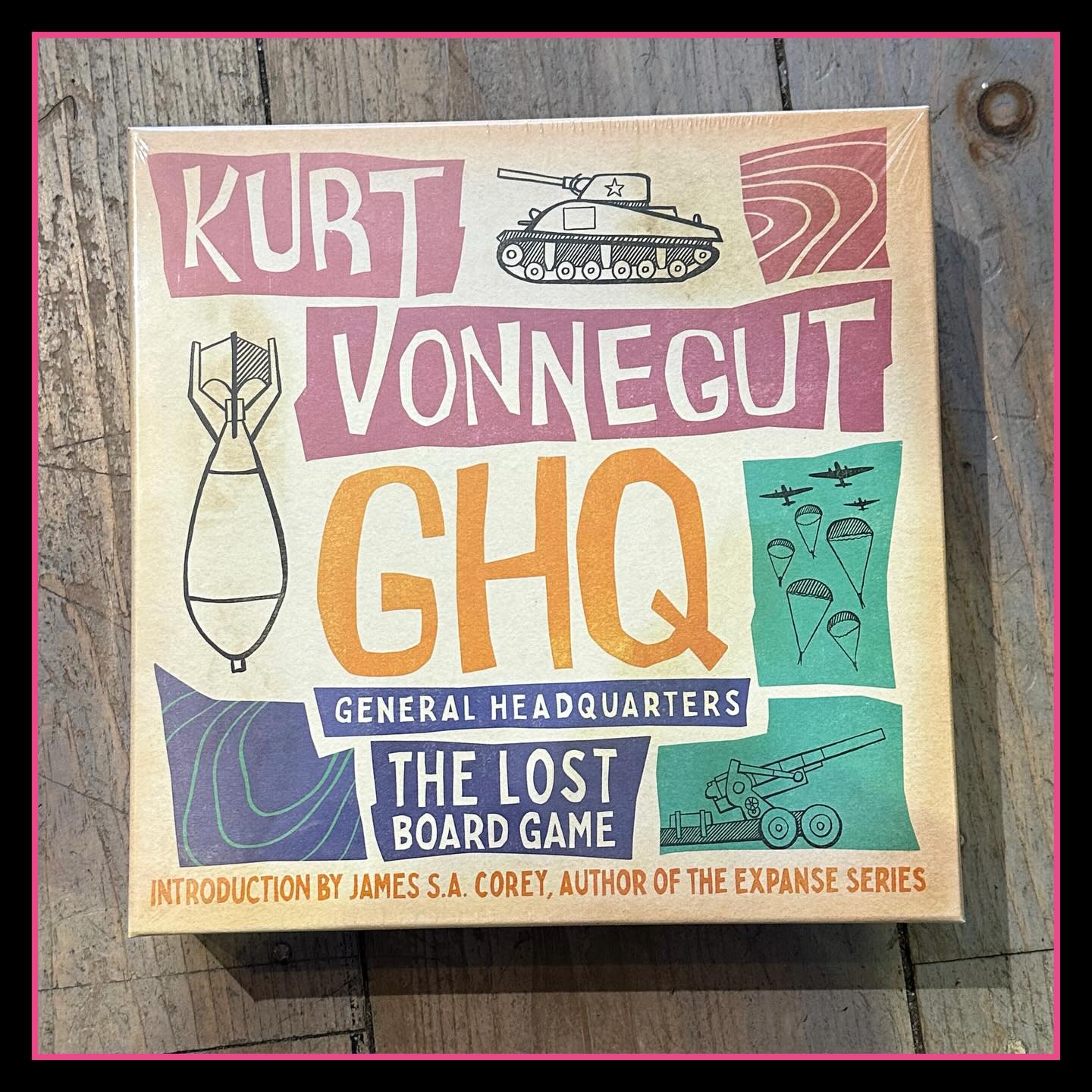 World War 2 veteran Kurt Vonnegut’s first novel, Player Piano, was published in 1954. While it was critically well received and reprinted in 1955, it was not a financial success. As he worked on his next novel (which would eventually become Cat’s Cradle), he needed to supplement his income with other endeavors.
One of those efforts was an original board game called GHQ (General Headquarters). He designed it throughout 1956 and attempted to sell it to game companies, an effort that was ultimately unsuccessful. His notes on the game were filed away and Vonnegut’s GHQ was lost to us.
Until now.
GHQ is a fast and strategic two-player battle game. Played on a standard 8x8 checkerboard, players command infantry, armored vehicles, artillery, and the powerful airborne regiment, maneuvering to capture the opposing headquarters. Can you skillfully use real-world combined arms tactics and call on reinforcements at the right time to turn the tide of battle?
This first edition of GHQ features deluxe wooden pieces and a 24-page commentary booklet showing Kurt Vonnegut’s design notes to give insight into his creative process