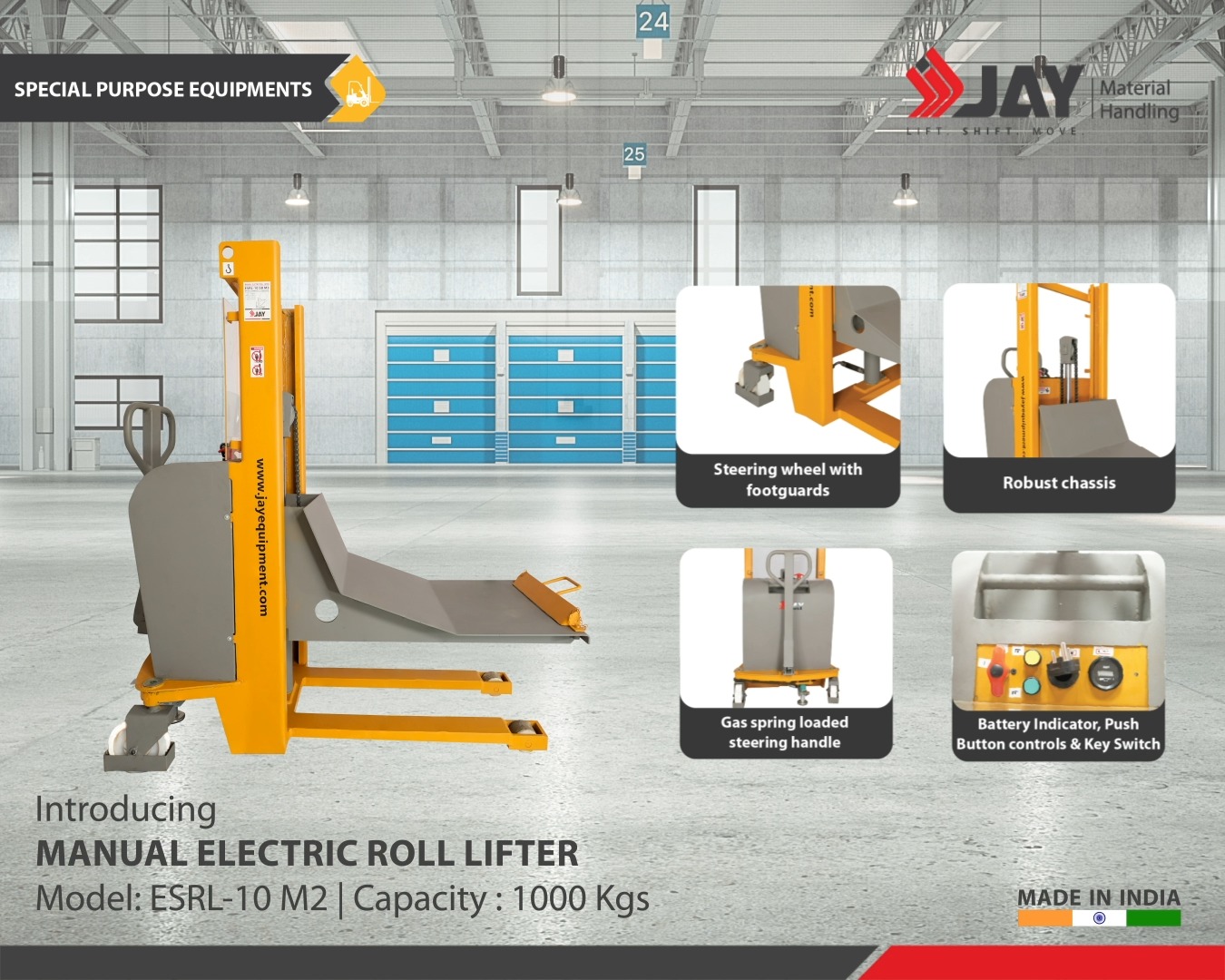 Power meets precision with the Manual Electric Roll Lifter ESRL-10 M2 (1000 kgs) ⚙️
.
Designed for safe and efficient material handling, this roll lifter ensures smooth operations with a robust chassis, gas spring loaded steering handle, and advanced safety features. Built to improve productivity while keeping operator safety first.
.
✔ Steering wheel with foot guards
✔ Robust chassis for durability
✔ Gas spring loaded steering handle
✔ Battery indicator & key switch controls
✔ Parking brake & safety stopper
.
Make your material handling faster, safer, and more reliable.
.
📩 DM us to learn more or request a quote
📞 Call: +91 95452 34222
📩 Email: sales@jayequipment.com
🌐 jayequipment.com | shop.jayequipment.com
.
#JayEquipment #MaterialHandling #RollLifter #ElectricRollLifter #IndustrialEquipment #WarehouseSolutions
