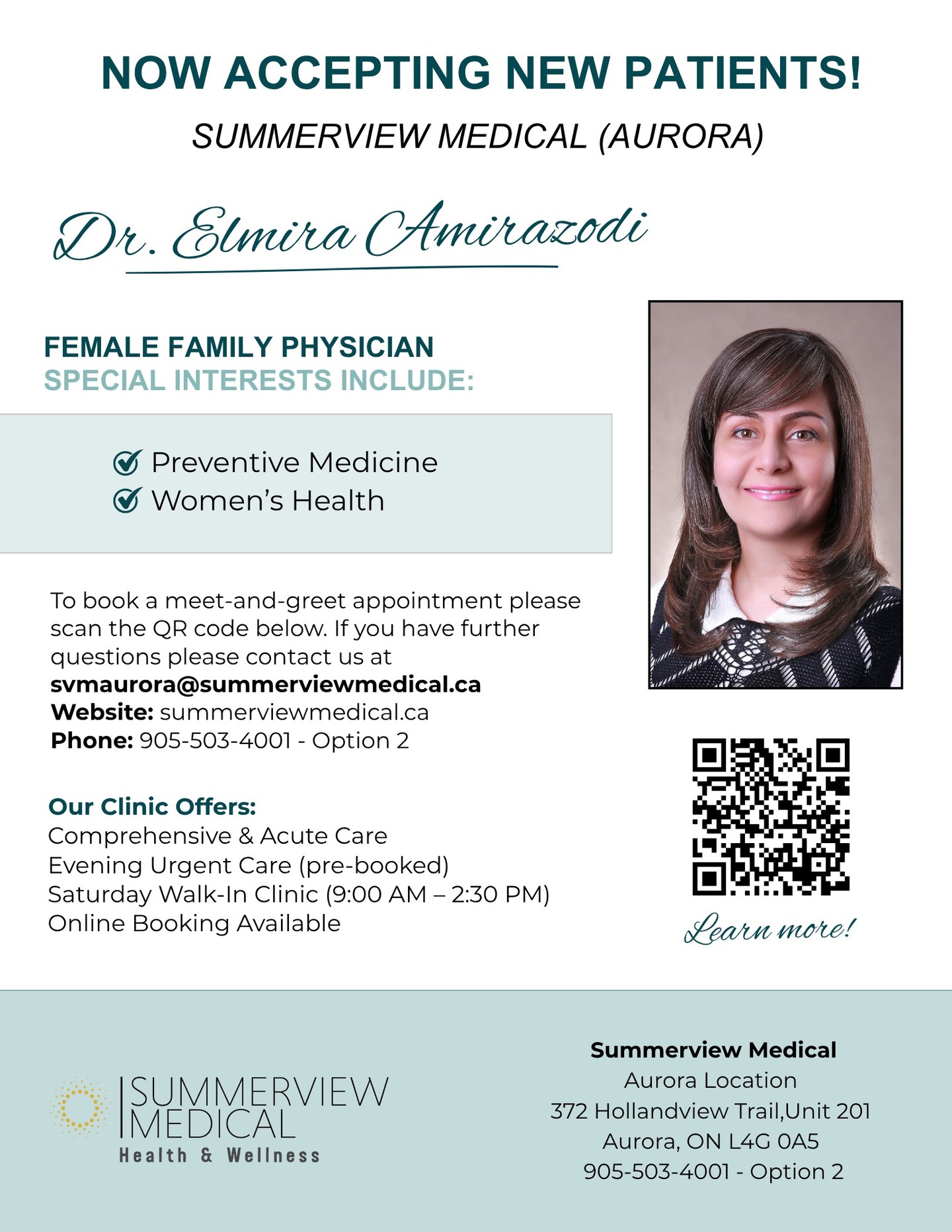 Meet Dr. Elmira Amirazodi, a female family physician at Summerview Medical with a focus on preventive medicine and women’s health.
✨ Comprehensive & acute care
✨ Evening urgent care (pre-booked)
✨ Saturday walk-in clinic (9:00 AM – 2:30 PM)
✨ Easy online booking
📍 Aurora Location
📞 905-503-4001 (Option 2)
🌐 summerviewmedical.ca
Scan the QR code to book your meet & greet today!