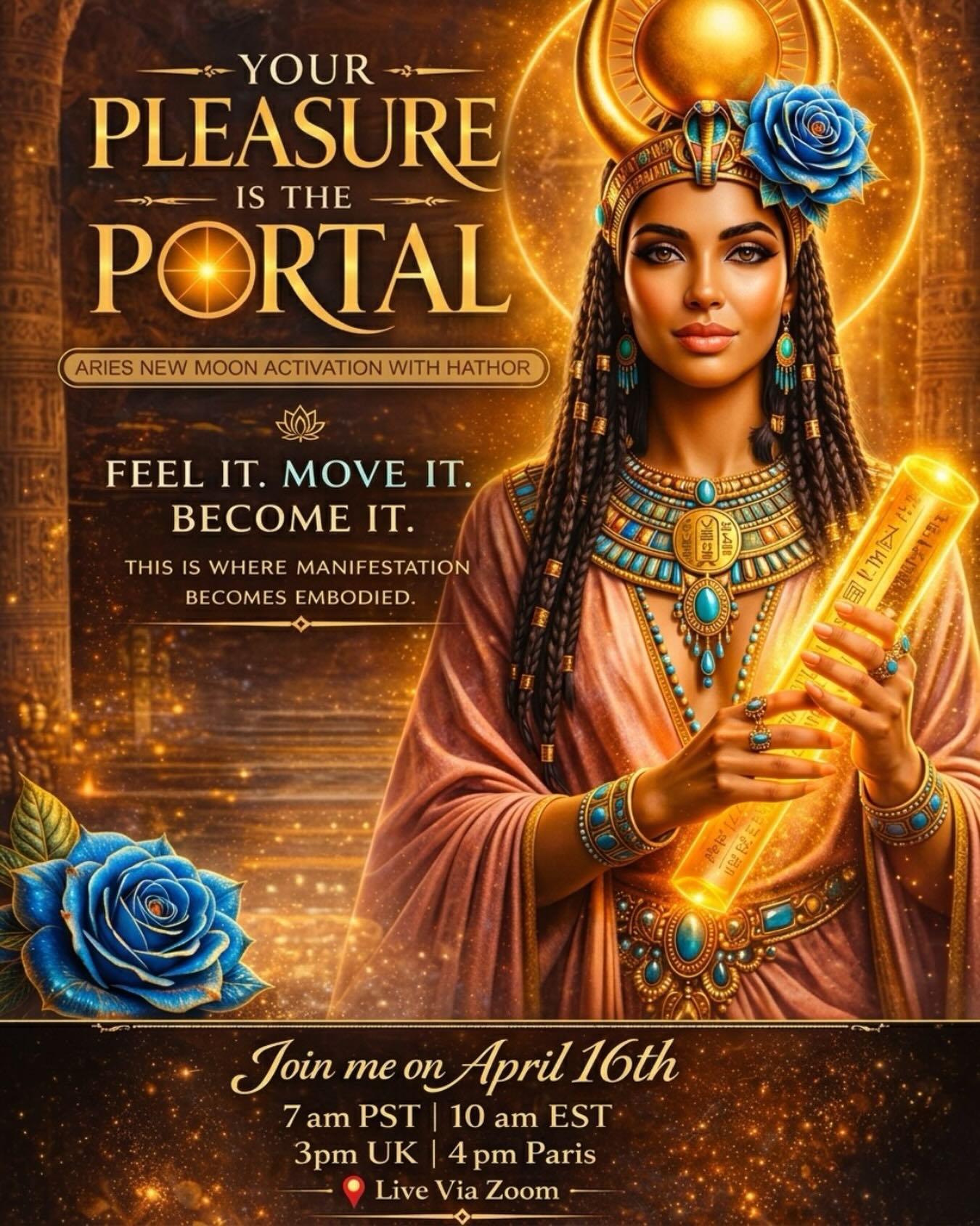 What if pleasure isn’t soft, but powerful? 𓆃
🔥 Less overthinking. More embodiment.
🔥 Less control. More fire.
🔥 Less waiting. More becoming.
This is the path of Hathor, where you don’t chase but you attract.
✨ Stop forcing. Start feeling.
✨ Stop holding back. Start claiming.
Feel it. Move it. Become it.
📅 April 16
⏰ 7 AM LA | 3 PM UK | 10 PM Bali
📍 Live on Zoom
Comment “HATHOR” for the link ✨
#kundaliniactivation #aries #newmoon #moonritual #moonmagic