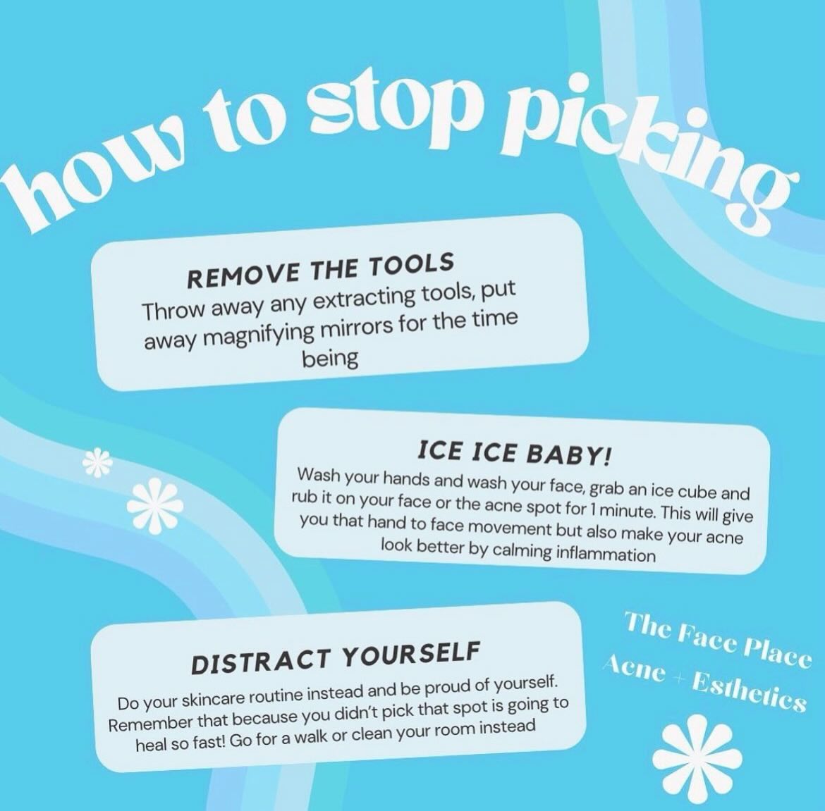 I know pickings addicting, that’s why I became an esthetician! But picking your skin at home can and will lead to more acne, scarring, redness and even infection. ⬇️
If you struggle with picking throw your tools away, cut your nails short, and stop with the magnifying mirror!!!! NO ONE is supposed to analysis their skin THAT closeup. Wash your hands and face and grab a ice cube or cold roller and ice for 1 minute. It’ll calm the acne and redness down while also giving you that hand to face motion. Then apply your moisturizer and carry on with something else to distract yourself like hanging out with someone, cleaning or going for a walk 🩵