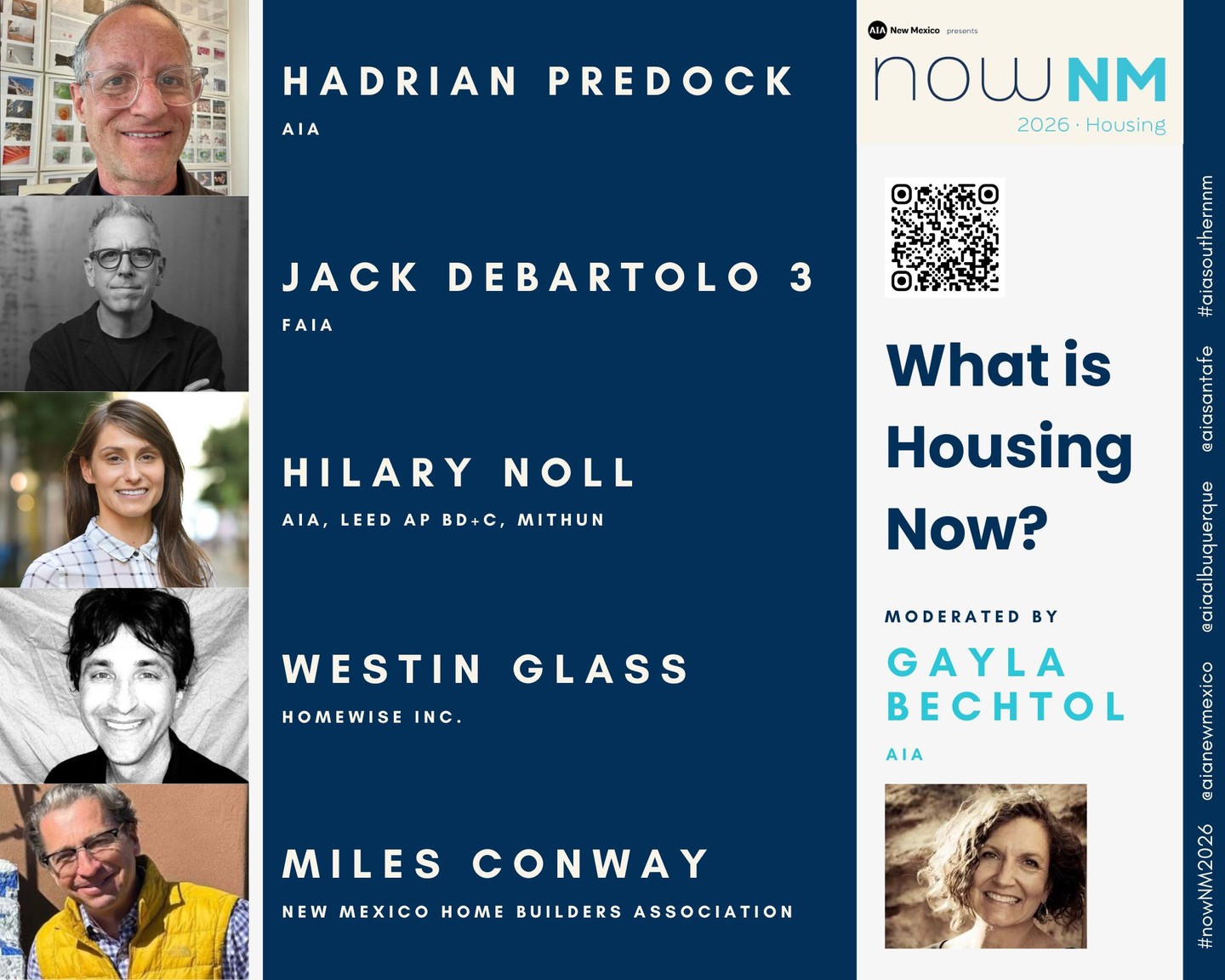 nowNM 2026 Housing presents: What is Housing Now? Moderated by Gayla Bechtol, AIA. Get your conference tickets at aianewmexico.org/events!
Four architects and one builder will discuss what is housing now including alternative and emerging housing types such as co-living within the architectural discourse of design, speculation, experimentation modeling multi-family/urban, intensifying density, patterns of living in a range of scales and economies. Climate resilience and health will inform the models looking for a convergence of solutions of the too scarce, too expensive model whereby capital flows through the easiest path.
nowNM Conference 5.5 AIA LU/HSW (pending)
📆 Thursday, April 23rd @ 5:30pm, Friday, April 24 @ 9am-4pm
📍 National Hispanic Cultural Center
Thank you to our nowNM Presenting Sponsor - RJ Dean & Associates and PLAN (Professional Liability Agents Network)!
More sponsorship opportunities available on event website.
#nowNM2026 #architecture #design #housing @hadrianpredock @debartolo3 @aiaalbuquerque @hilarynoll @mithun_design @milesconway @gaylaonthefly @homewise @hba_cnm @aiasantafe #aiasouthernnm