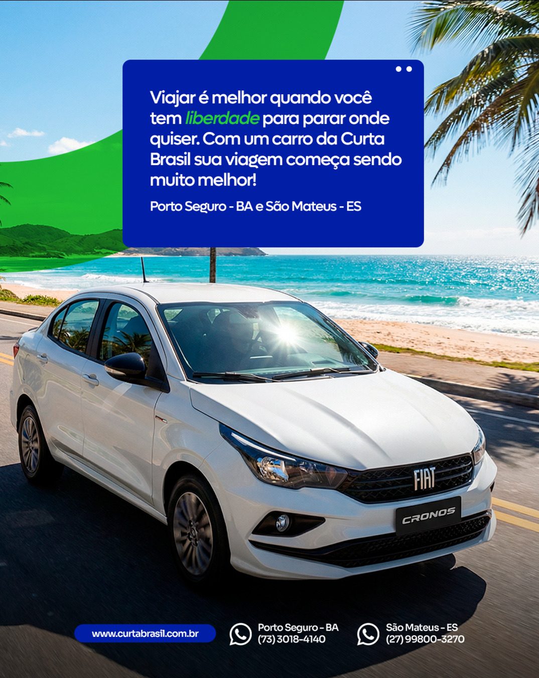 Em Porto Seguro-BA ou São Mateus, a Curta Brasil aluga carros novinhos para que sua viagem seja muito melhor 🚘
Conheça as melhores praias, vá para onde quiser sem depender de aplicativos de transporte que muitas vezes deixam na mão, principalmente em alta temporada 😅
ALUGUE UM CARRO E EVITE PROBLEMAS DURANTE SUAS FÉRIAS
🖥️ www.curtabrasil.com.br
📲 WhatsApp Porto Seguro, BA: (73)3018-4140
📲 WhatsApp São Mateus, ES: (27)99800-3270
#curtabrasil #curtabrasilalugueldeveiculos #portoseguro #alugueldecarros #alugueldeveiculos #saomateus