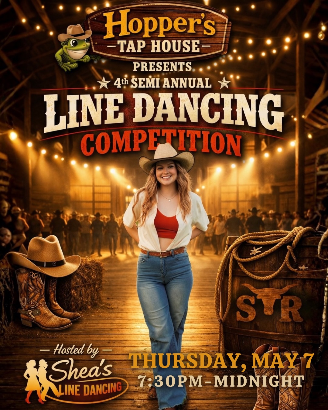 Boots, drinks, and a little friendly competition 🤠
Come hang with us at Hopper’s Tap House for a night of line dancing, good music, and even better vibes.
Whether you’re competing or just watching, it’s gonna be a good time 🔥
Check-in starts at 7:30—see you on the dance floor!
