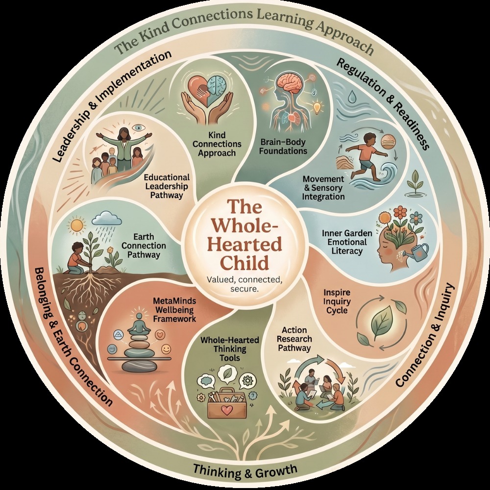 How We Support Learning Communities: Our Signature Pathways
Kind Connections Learning offers a set of interconnected pathways that support both children and the adults around them.
Each pathway focuses on a different aspect of development, while contributing to a shared vision of holistic wellbeing and whole-hearted learning.
Check out our tools, events and resources to support your learning ecosystem for nurturing regulation and resilience.
#nervousystemlens #regulation&resilience #kindconnectionslearningapproach