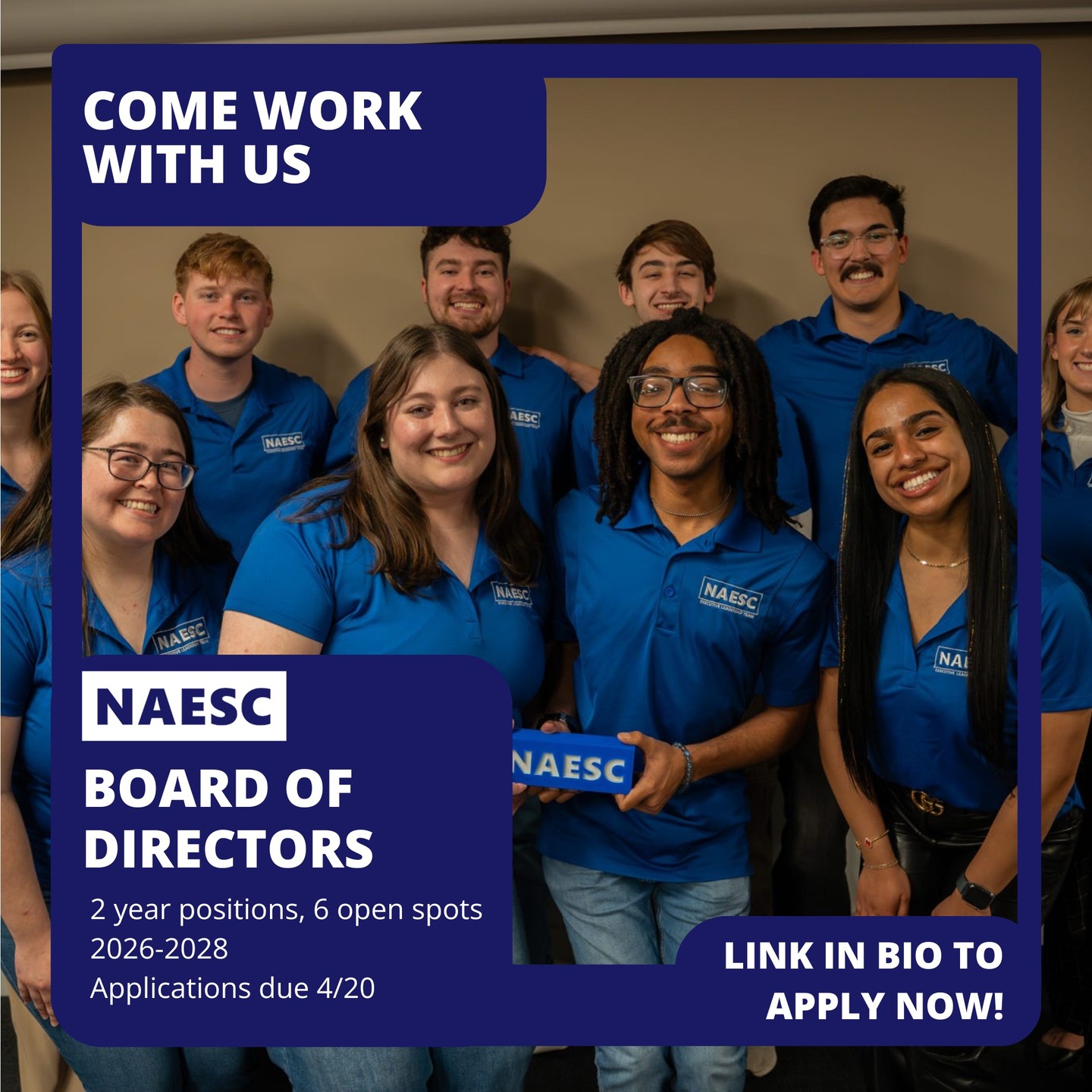 NAESC is looking for the new members of our Board of Directors! If you're looking for a low-commitment leadership position, then this is the position for you!
Applications are now live! Click the link in bio to apply. Please feel free to reach out with questions!