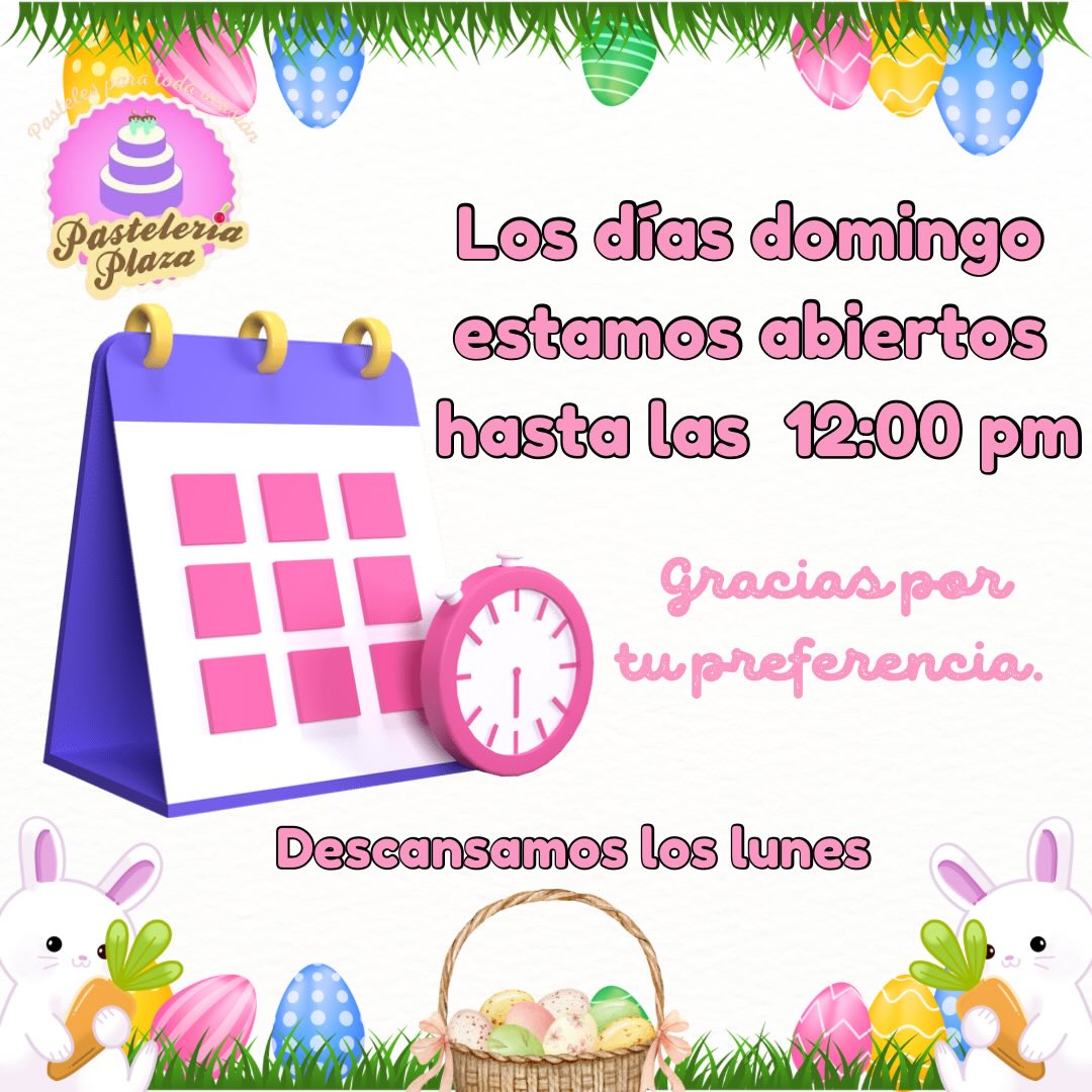 ⚠️AVISO⚠️
Los días domingo trabajamos hasta las 12:00 pm.
✅ descansamos los días lunes, estamos de vuelta el martes 🎂🍰🧁
“Gracias por tu preferencia”