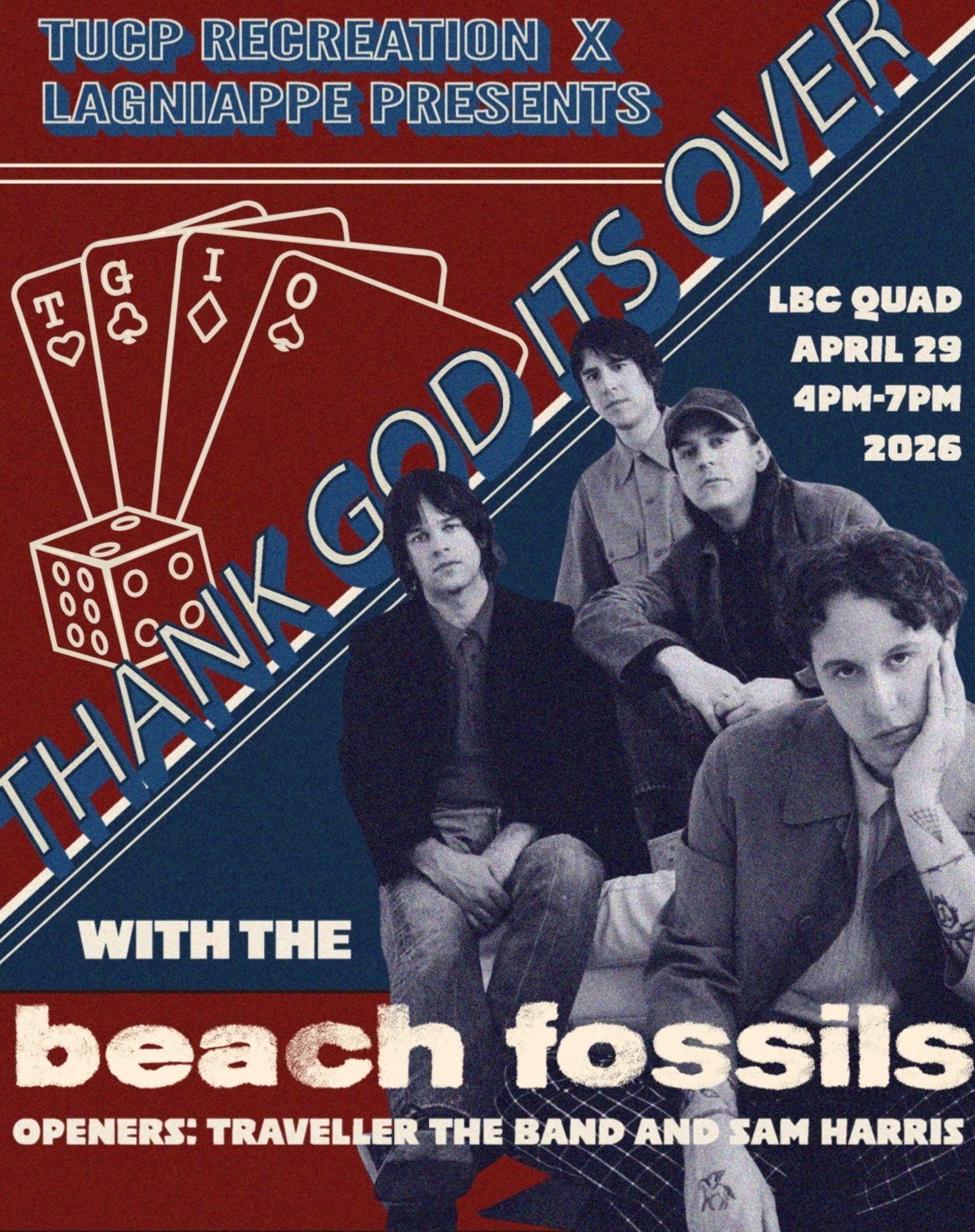 TUCP Recreation x Lagniappe cannot be more hyped to bring Beach Fossils🌊🌴 to celebrate the last day of classes and our end of year music festival TGIO. This years theme❓What Happens at TGIO Stays at TGIO🎰🤫 Enjoy opening sets from Traveller the Band and Sam Harris. Thank God It’s Over is starting at 4PM on April 29th on the LBC Quad. Stay tuned for the complete event schedule which will include set times and giveaway times👏
There will be free merchandise, food trucks, and giveaways available to all attendees ‼️ More posts to come with those details! Celebrate the last day of classes with us and look out for more information on student and local vendors🚙
