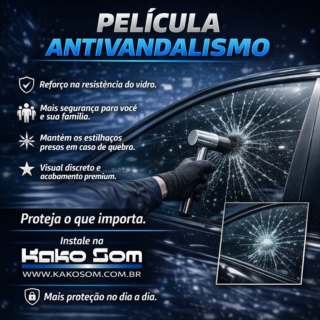Seu carro pode até ser alvo…
mas o vidro não precisa ser o ponto fraco.
A película antivandalismo reforça a estrutura do vidro, dificulta a ação de invasores e, principalmente, protege quem está dentro.
✔ Segura os estilhaços em caso de quebra
✔ Aumenta a resistência contra impactos
✔ Mantém o visual discreto e elegante
Proteção de verdade não é só estética — é tranquilidade no dia a dia.
📍 Instale na Kako Som!
📍Av. Santa Cruz, 524
📍Av. Agua Branca, 95