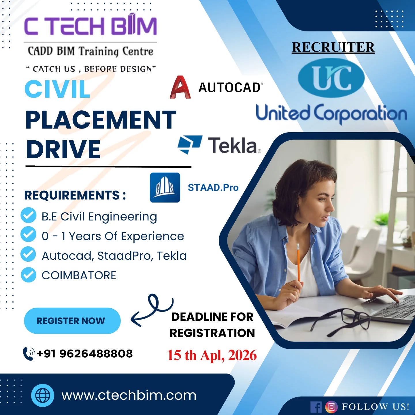 ๐ CIVIL PLACEMENT DRIVE โ 2026
Kickstart your career in Civil Engineering with top opportunities!
๐ฏ Recruiter: United Corporation
๐ป Required Skills: AutoCAD | STAAD Pro | Tekla
๐ Eligibility: B.E Civil Engineering
๐
Experience: 0 โ 1 Year
๐ Location: Coimbatore
โณ Last Date to Register: 15th April 2026
๐ข Donโt miss this chance to step into your professional journey!
๐ Call Now: +91 9626488808
๐ www.ctechbim.com
๐ Limited slots available โ Register Today!
#CivilEngineering #PlacementDrive #AutoCAD #Tekla #STAADPro JobsInCoimbatore FreshersJobs CTechBIM EngineeringCareers JobOpportunity