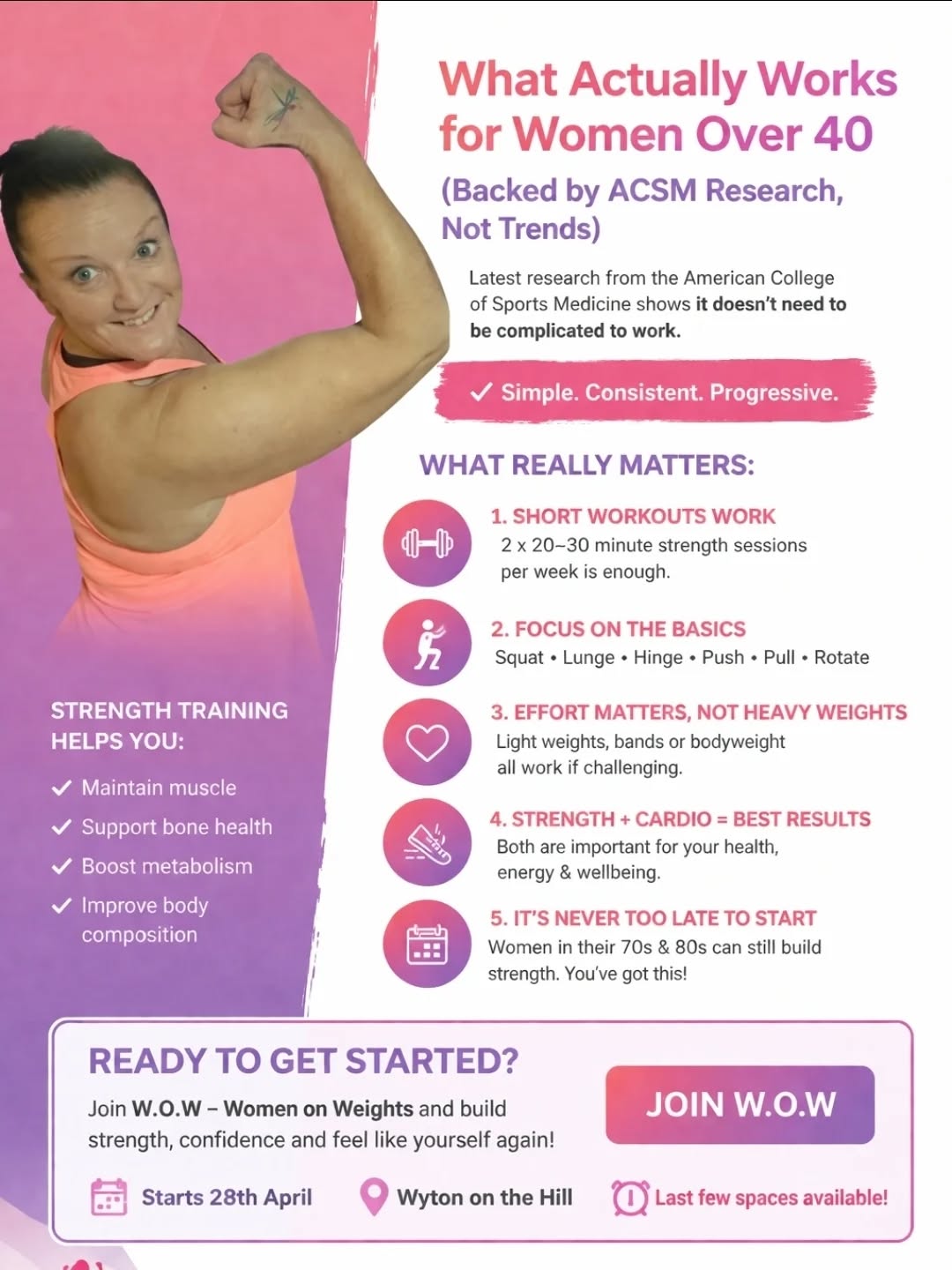 If you’re a woman over 40…
this might be the thing you need to hear 👇
You don’t need to do more.
You need to do what actually works.
Because the latest research from the American College of Sports Medicine shows:
👉 It doesn’t need to be complicated to work.
Here’s what actually matters:
🔥 2–3 short strength sessions a week is enough
No hours. No overtraining.
🧠 Focus on the basics
Squat • Lunge • Hinge • Push • Pull • Rotate
⚡ It’s not about heavy… it’s about effort
Light weights, bands or bodyweight all work.
🔁 Consistency beats perfection
Every time.
❤️ Strength + cardio = your sweet spot
For your body, your energy, your health.
🧬 And no… it’s NOT too late
Women in their 70s+ are still building strength.
This is why I coach the way I do.
Simple.
Realistic.
No BS.
Because that’s what actually works 💜
If you’re thinking…
“I know I need to start… but I don’t know where to begin”
That’s exactly why I created W.O.W – Women on Weights 💪
A simple, supportive way to build strength and confidence.
📅 Starts 28th April
⚡ Last few spaces
Drop me a message or comment W.O.W and I’ll send you the details 💜
#womensfitnessover40 #strengthtrainingforwomen #midlifefitness #over40fitness #stivesfitness