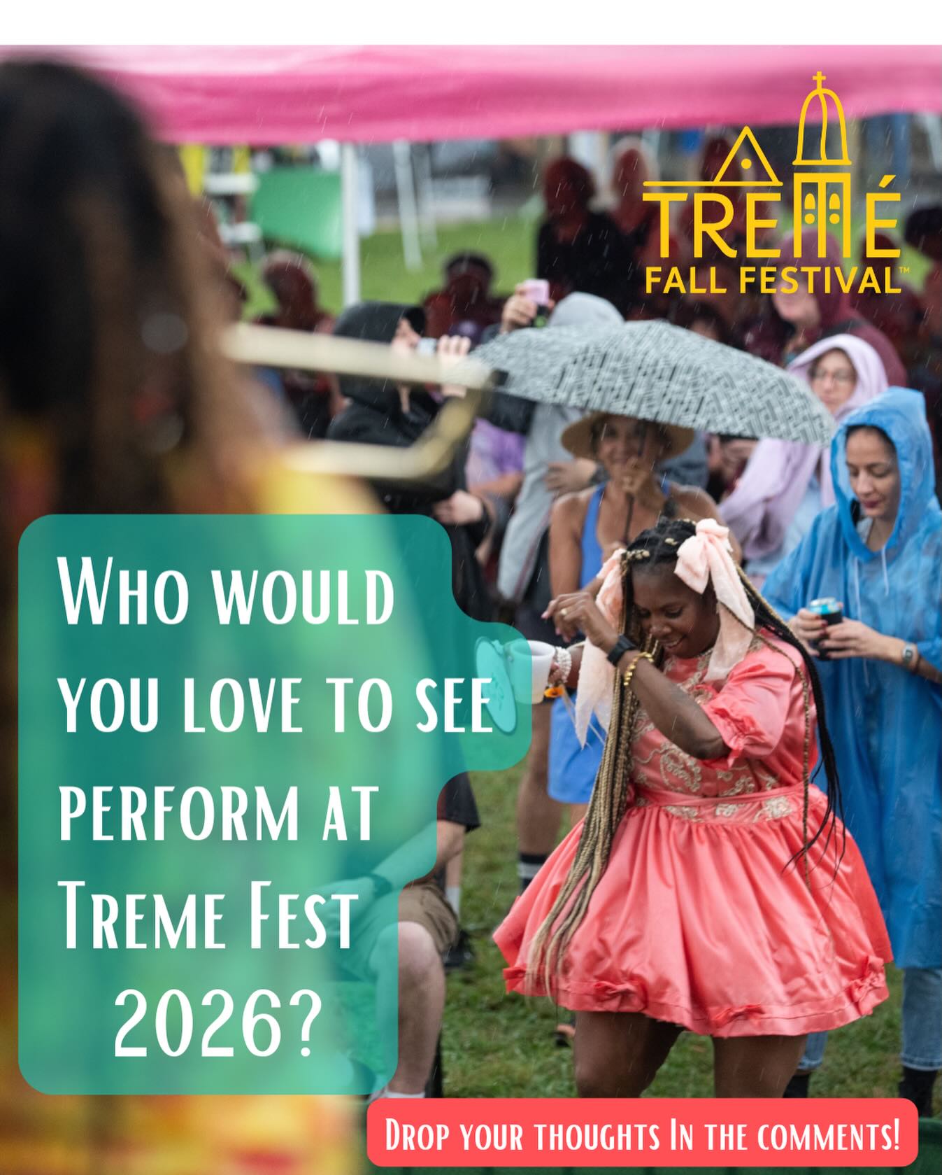 TREME FEST 2026
WE WANT TO HEAR FROM YOU!
Who would YOU love to see perform at Treme Fest 2026?
Drop your favorite musicians, bands, and groups in the comments.
Let your voice help shape the vibe!
Comment your suggestions below!
Tag an artist you want to see on stage!
#TremeFest #NOLAEvents #LiveMusic #CommunityVoice #festivalvibes