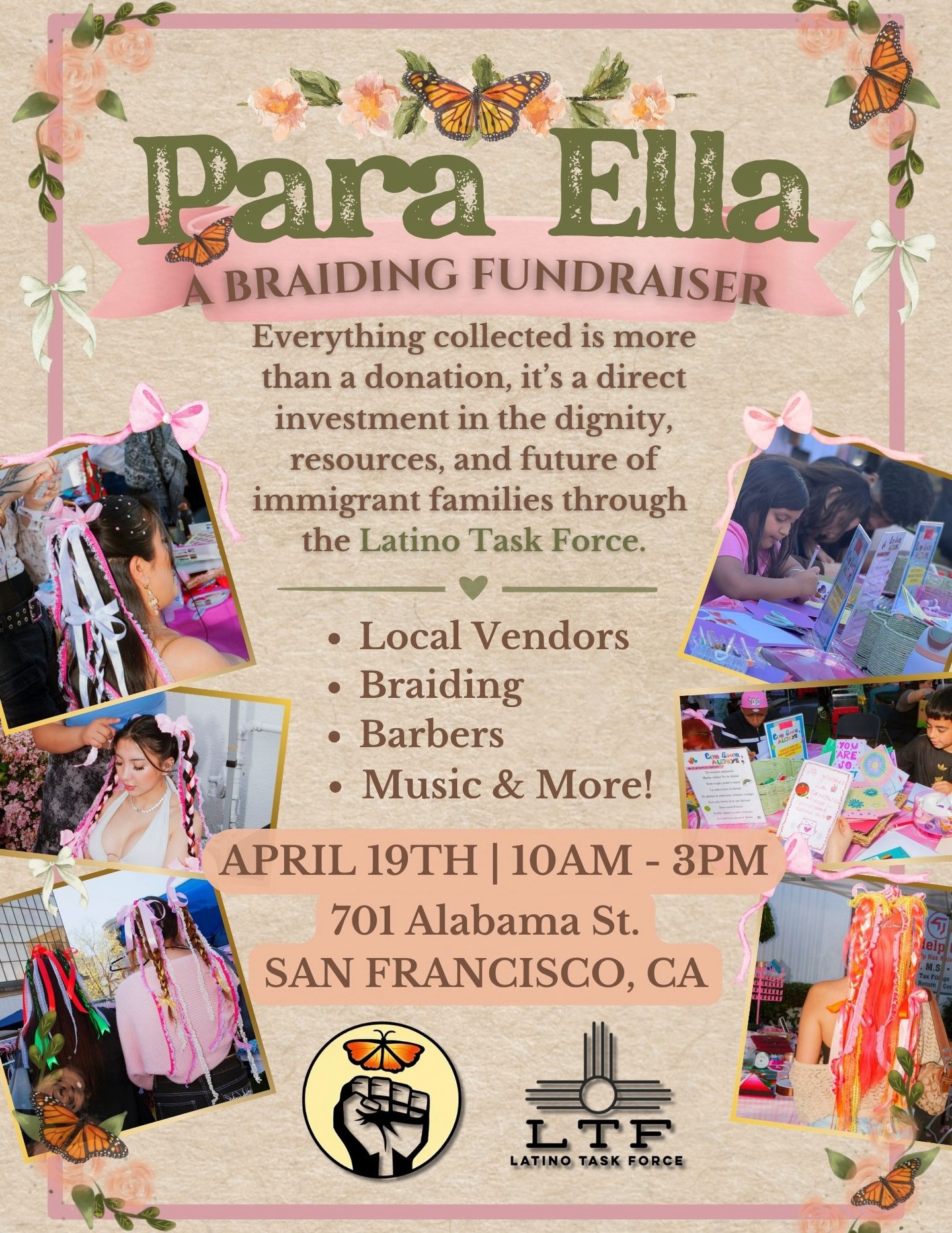 🎀We told y’all PARA ELLA would be baccckkkkk!!!🎀
NEW DATE: SUNDAY, April 19th
LOCATION & TIME: peep the flyer 👀
We took a little extra time to make sure everyone who wanted to be there can show up and that all of our braiders and vendors are with us.
Join us for a day of braiding, music, letter writing, community resources, and local vendors.
FYI: The event will be held indoors.
If you’re interested in volunteering, please visit @rightsoverborders page to find the link in bio 🔗
We cannot wait to be in community with you ✨
