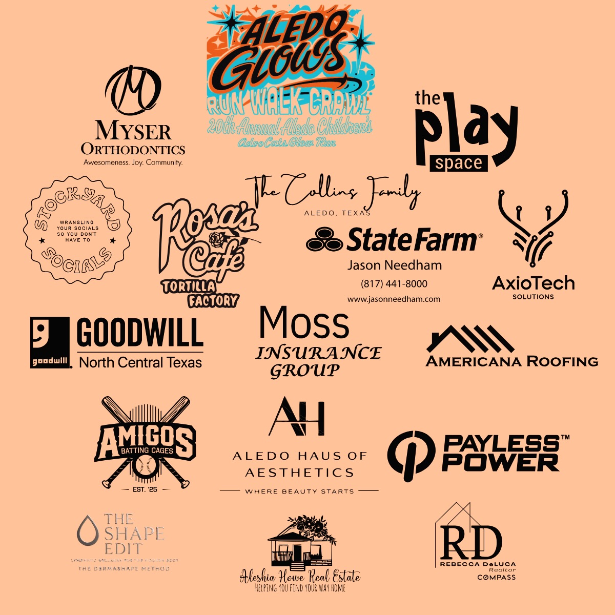 Aledo Glows SPONSORS SPOTLIGHT 🖤🧡🌟
With the glow run just 3 days away, we wanted to take a moment to send another sponsor shout out to all of our amazing sponsors who help make this event possible!! With so much gratitude, thank you once again for your support, Aledo GLOWS because of you!!🖤🧡🌟