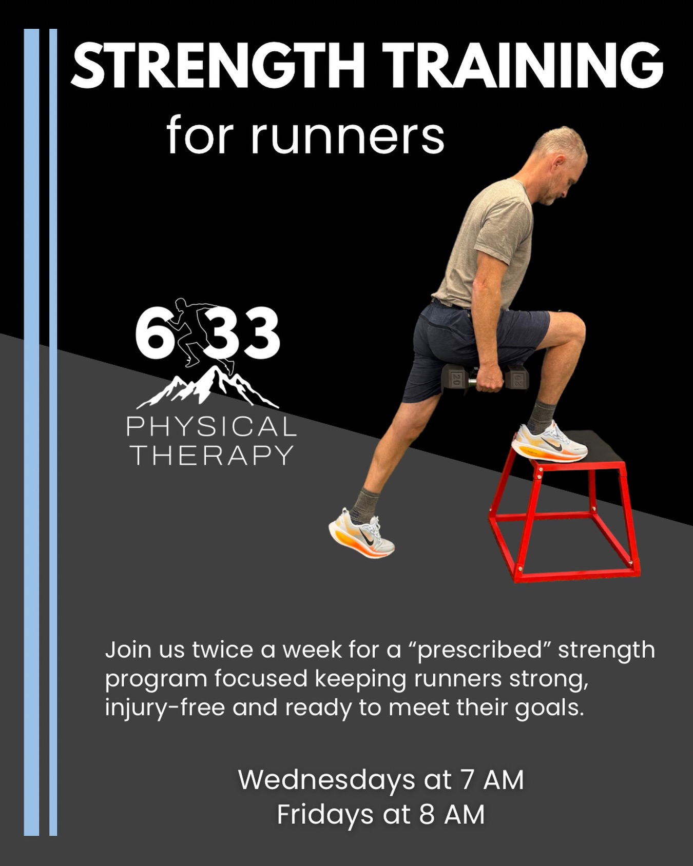 Our Prescribed Strength for Runners classes are designed by physical therapists to help you run stronger, move better, and stay injury-free. 🏃
Every session is designed to:
- Improve run mechanics and efficiency
- Address current aches, pains, or injuries
- Build strength to prevent future injuries
Sessions are held at 6:33 PT in Mount Pleasant on Wednesdays at 7 AM and Fridays at 8 AM. Sessions are limited to 6 runners and pre-registration required.
DM us to get started. Your first class is just $15.
