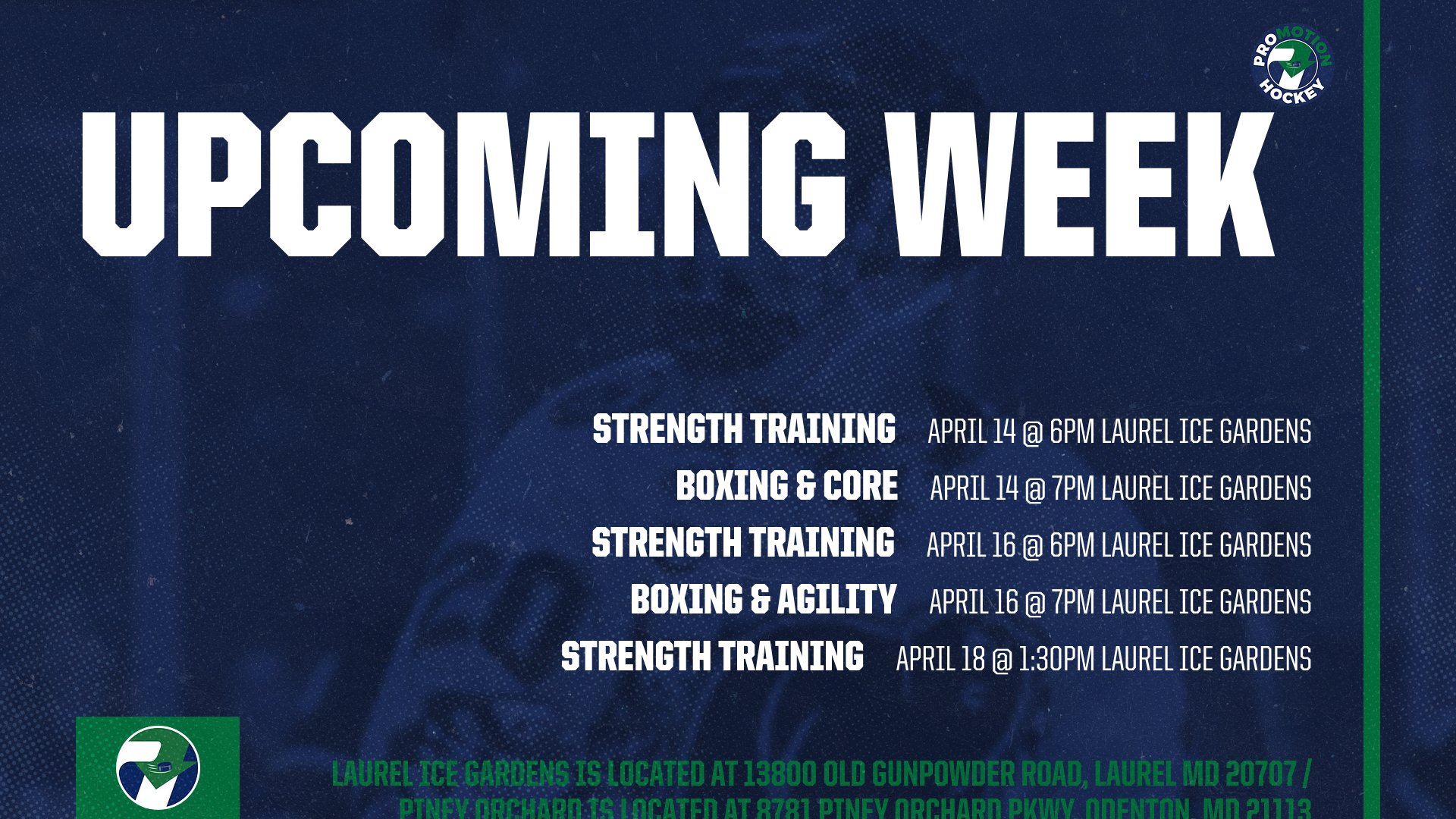๐จ WEEKLY SCHEDULE ๐จ
April 13 โ April 19
Hereโs whatโs ahead this week at Pro Motion Hockey
๐
Tuesday (4/14)
6:00PM โ Strength Training
7:00PM โ Boxing & Core
๐ The Gardens Ice House
13800 Old Gunpowder Rd, Laurel, MD
๐
Thursday (4/16)
6:00PM โ Strength Training
7:00PM โ Boxing & Agility
๐ The Gardens Ice House
13800 Old Gunpowder Rd, Laurel, MD
๐
Saturday (4/18)
1:30PM โ Strength Training
๐ The Gardens Ice House
13800 Old Gunpowder Rd, Laurel, MD
๐
Sunday (4/19)
10:45AM โ Strength Training
12:00PM โ On-Ice Skill Development
๐ Piney Orchard Ice Arena
8781 Piney Orchard Pkwy, Odenton, MD
๐ฅ Stay consistent. Stay sharp. See you on the ice.
#ProMotionHockey #HockeyTraining #PlayerDevelopment