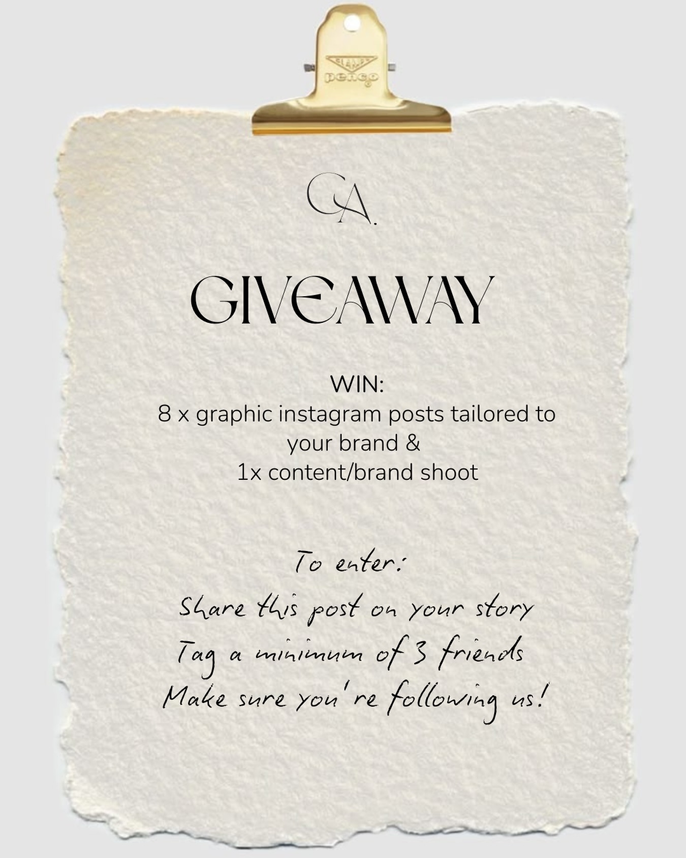 GIVEAWAY⭐️
We’re giving you the chance to win:
8x tailored graphic design posts
1x full content/brand shoot
Ready to level up your brand? Here’s how to enter:
1. Follow us
2. Like this post
3. Tag 3 friends in the comments
4. Share this to your story & tag us
The more you engage, the better your chances…
Winner announced on 1st of May🤍