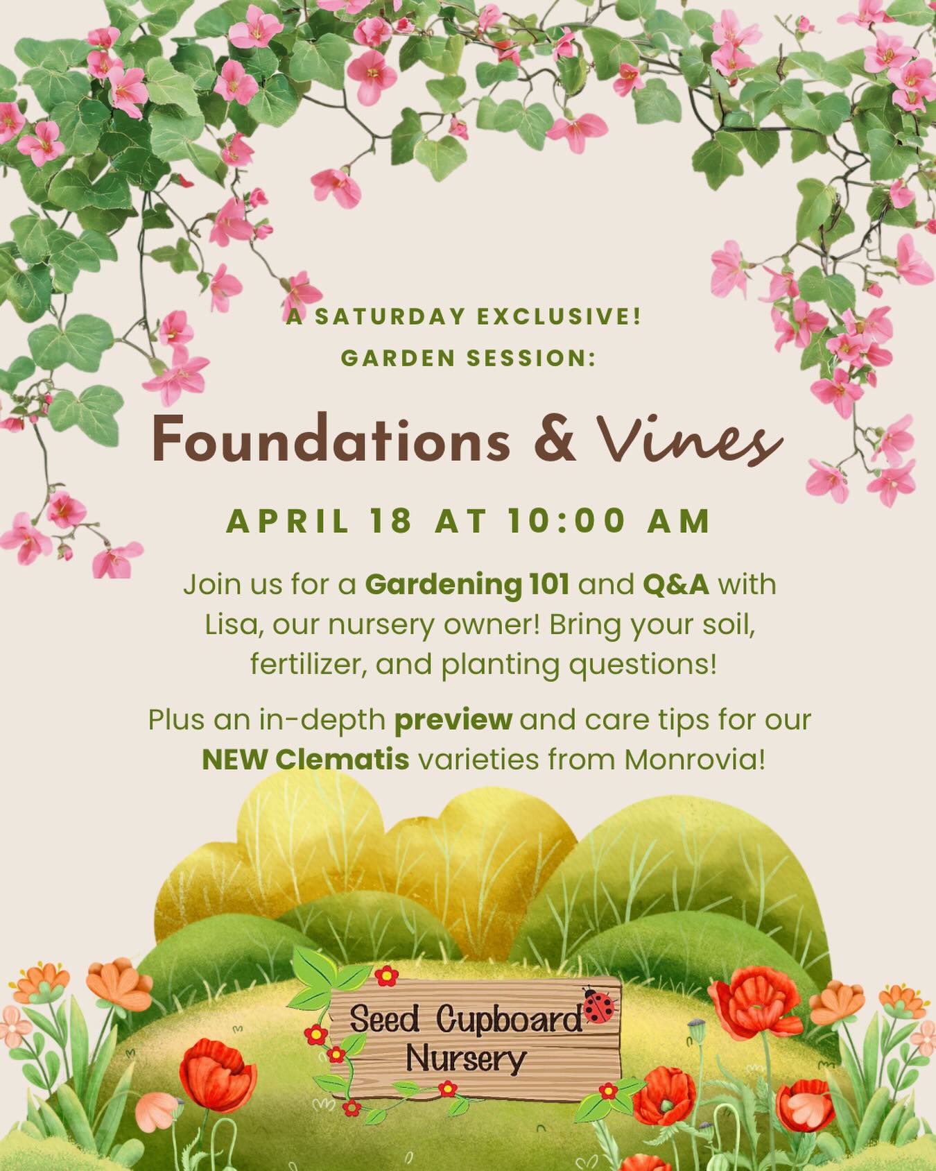 Planting season is coming! 🌱 Join us this Saturday for an exclusive garden session on soil, planting, and an in-depth preview of our new varieties of Clematis vines from @monroviaplants! We’ll cover it all and finish with a Q&A to help prepare you for a confident planting season!
.
.
.
.
.
#royalcitywa #PNWgardrners #gardening101 #Monroviaplants #centralwashingtongardening